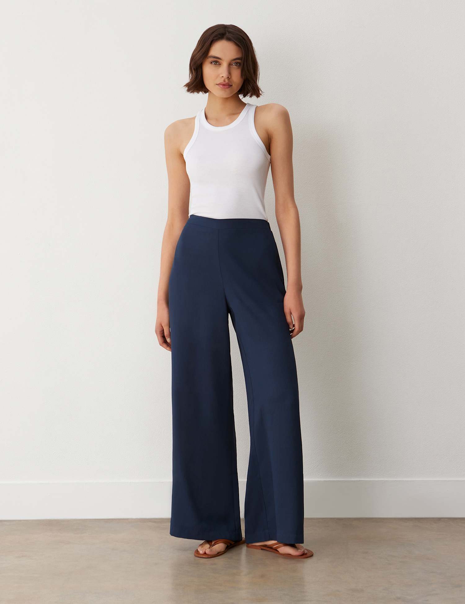 Finery London Crepe High Waisted Wide Leg Trousers Navy