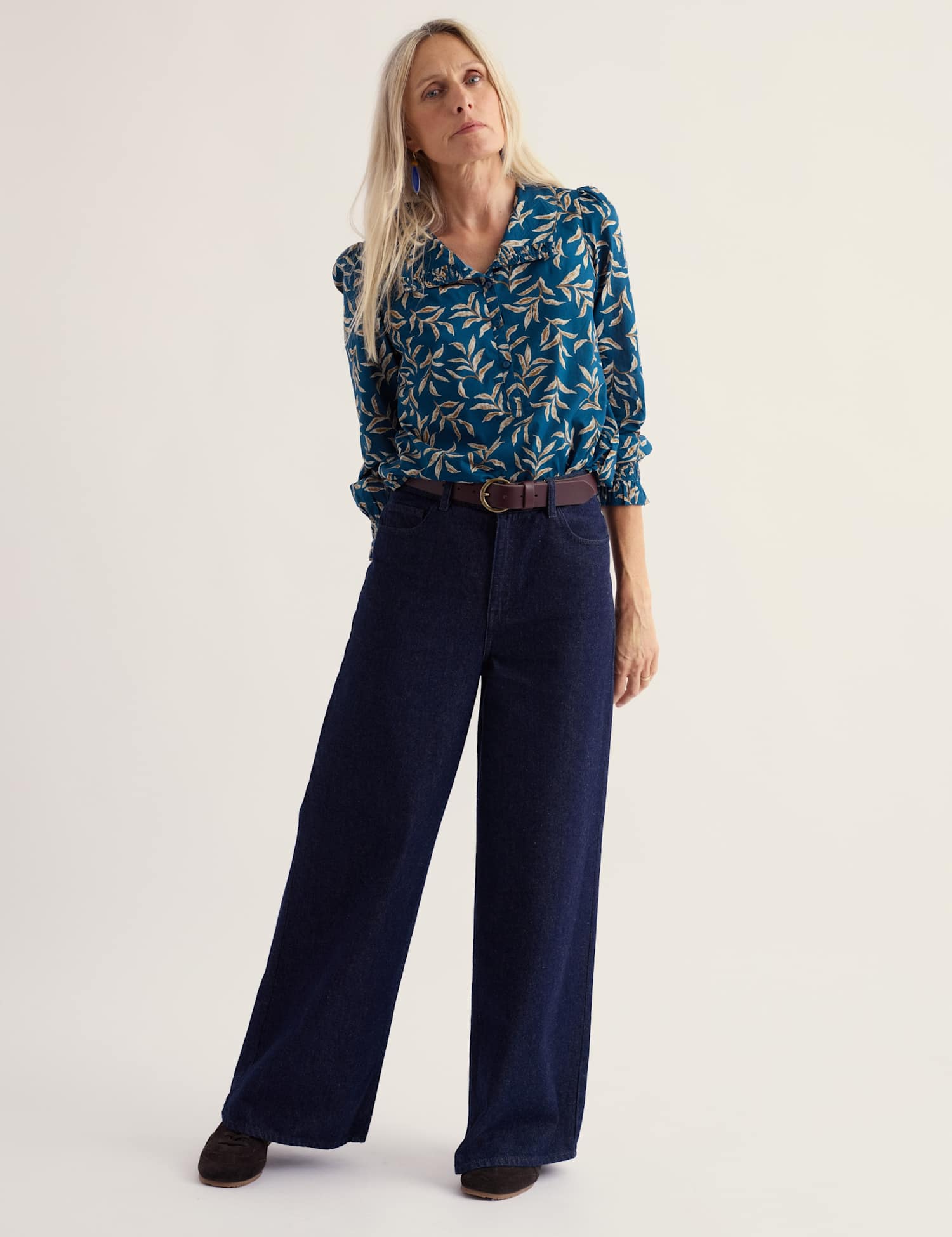 Seasalt Cornwall Pure Cotton Printed Collared Gathered Blouse Teal Mix