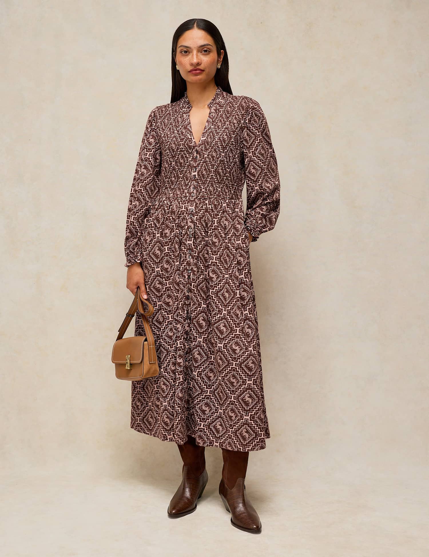 White Stuff Ada Cotton Blend Shirred Notch Neck Midi Dress Brown Mix