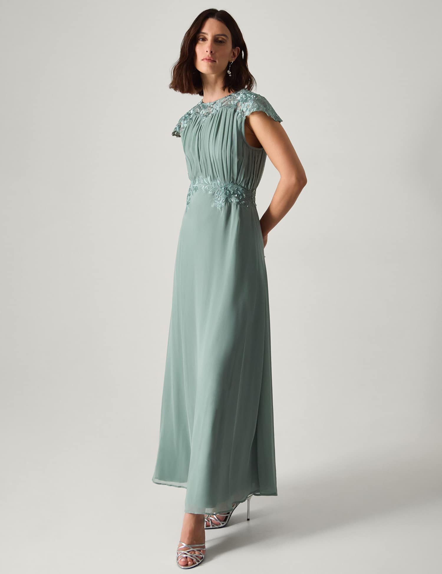 Monsoon Chiffon Lace Maxi Dress Light Green