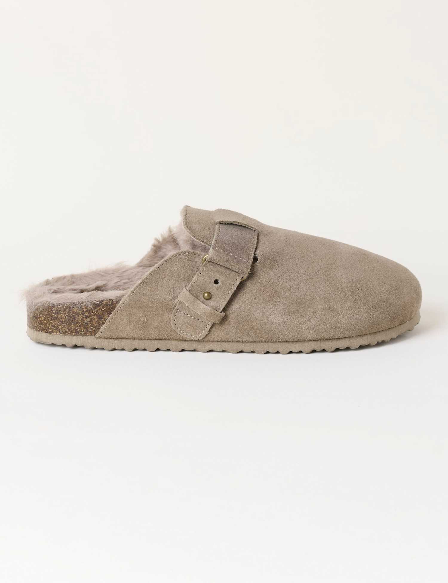 FatFace Suede Faux Fur Lined Mule Slippers Natural