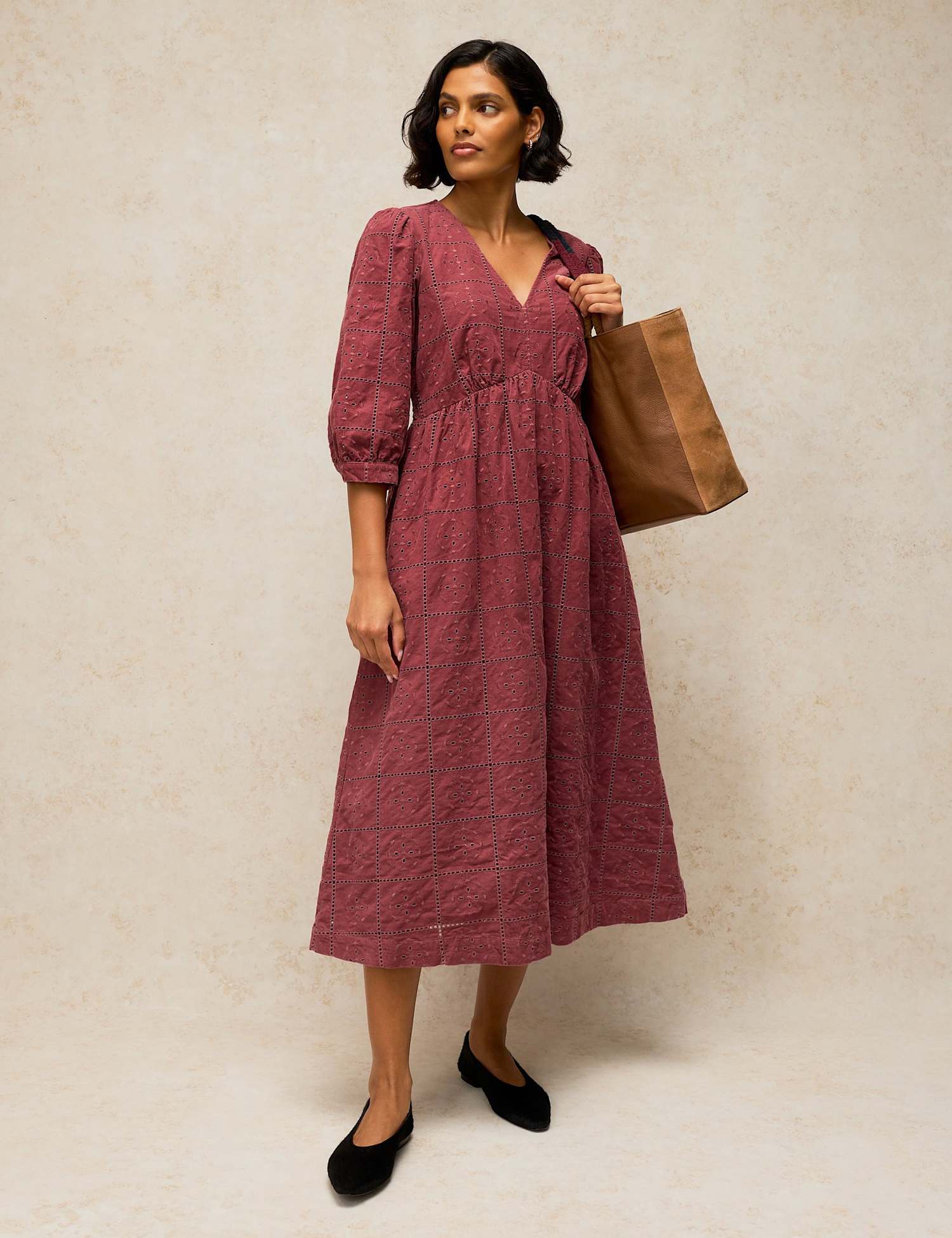 White Stuff Lucy Pure Cotton Embroidered V Neck Knee Length Dress Light Pink