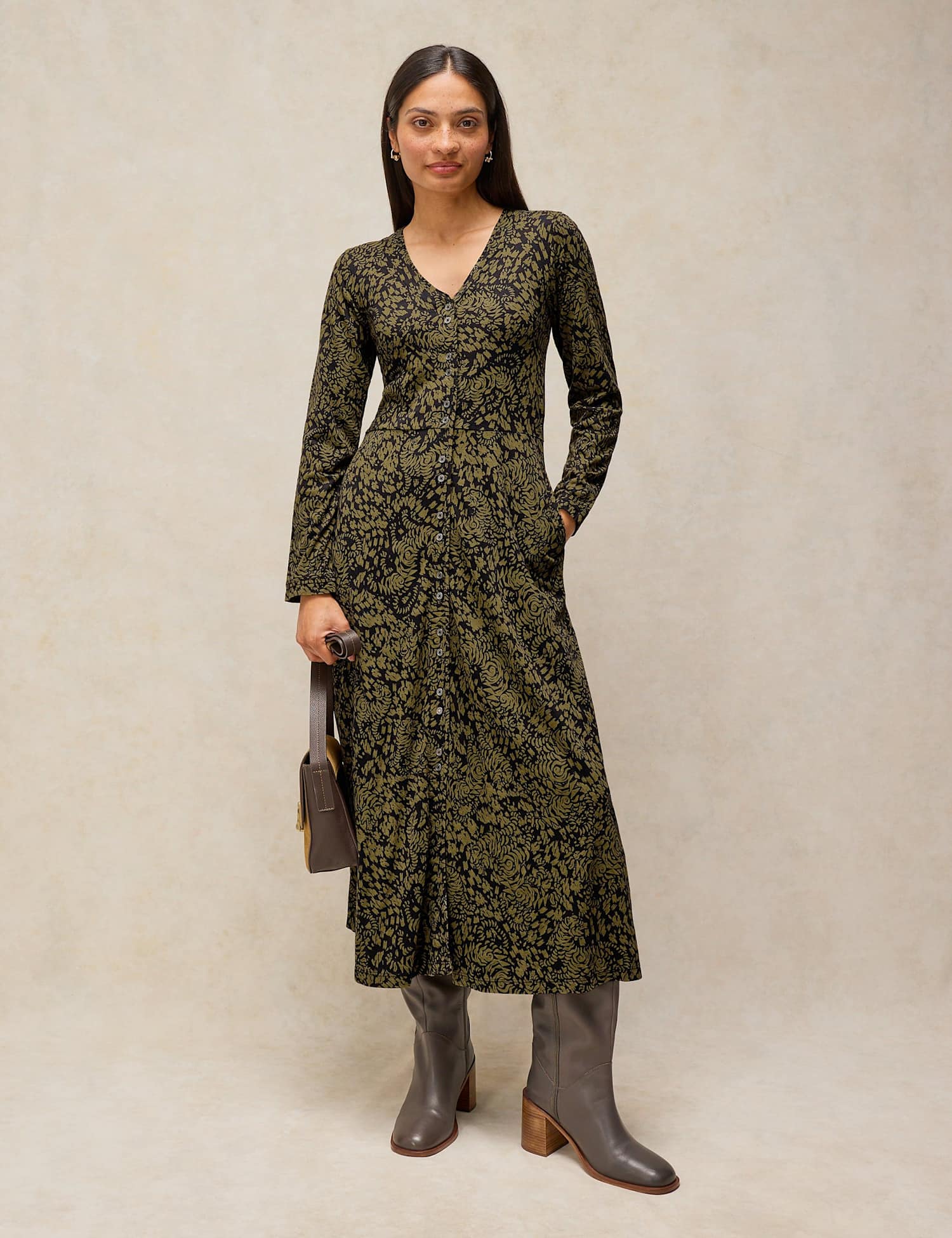 White Stuff Reese Pure Cotton Button Through V Neck Midi Dress Green Mix