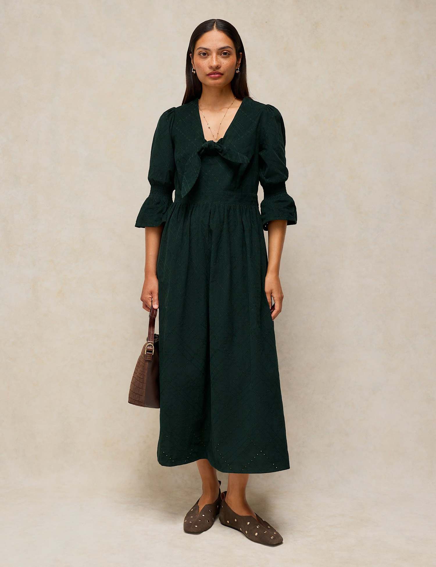 White Stuff Maisie Pure Cotton Patterned Tie Neck Knotted Midi Dress Green
