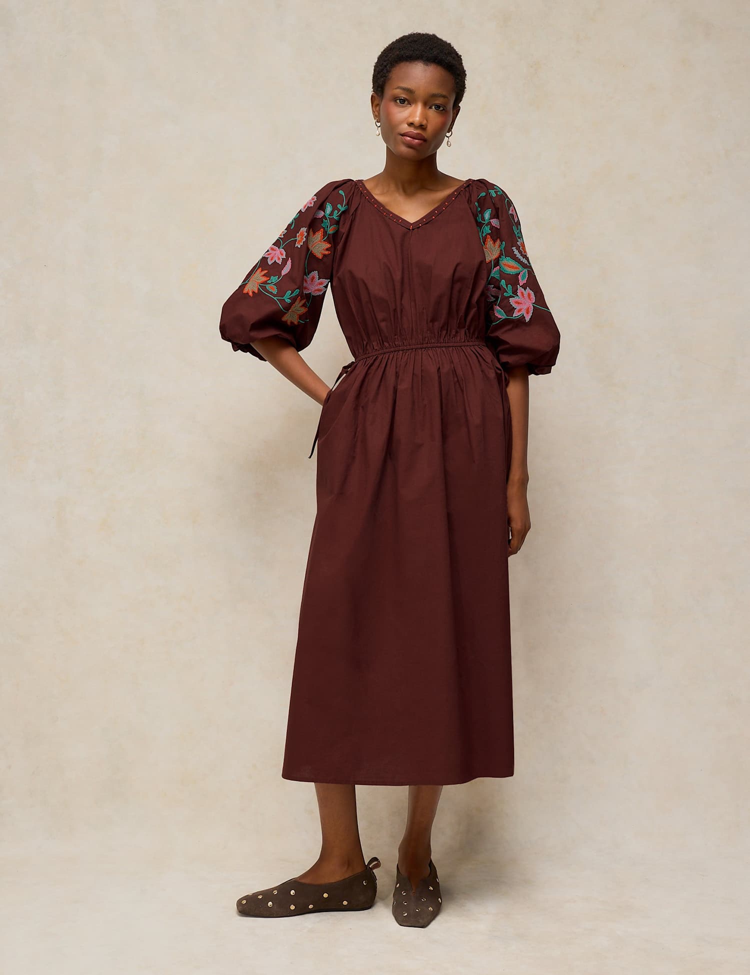White Stuff Winnie Pure Cotton Embroidered V Neck Midi Dress Brown