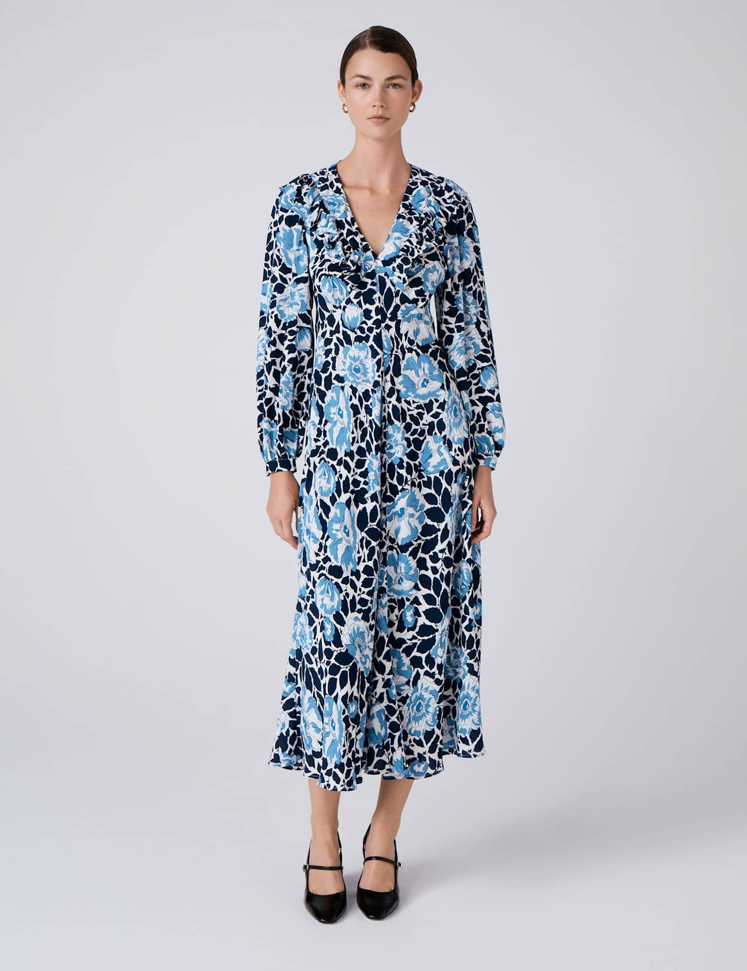 Ghost Crepe Floral V-Neck Midi Tiered Dress Blue Mix