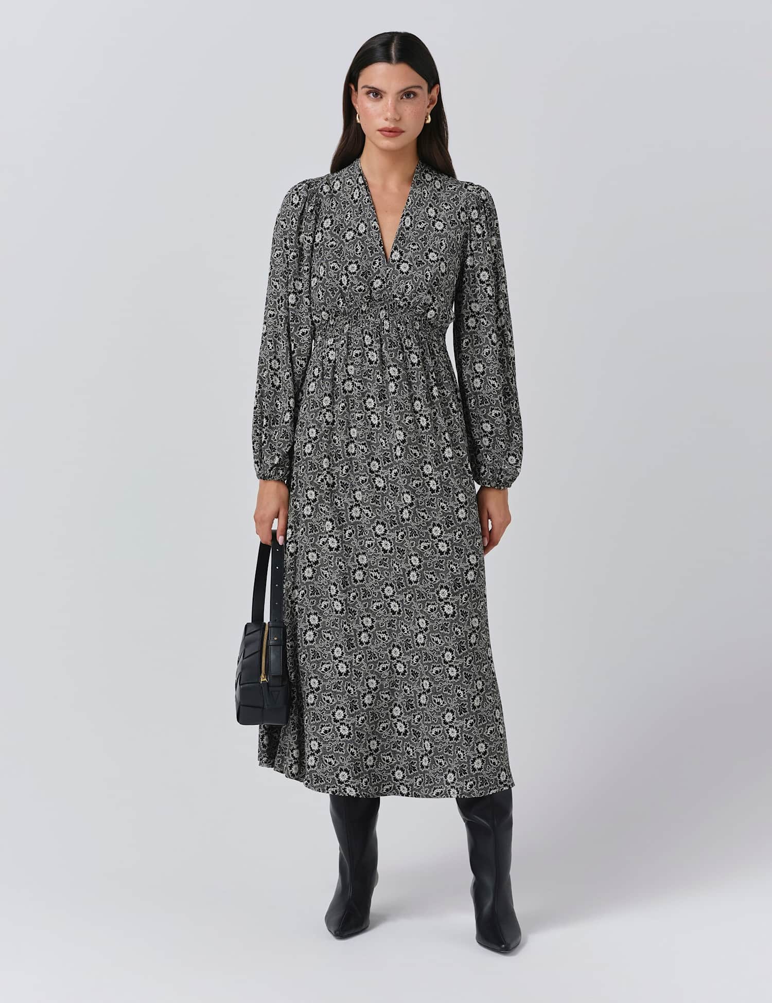 Ghost Crepe Floral V-Neck Midi Waisted Dress Black Mix