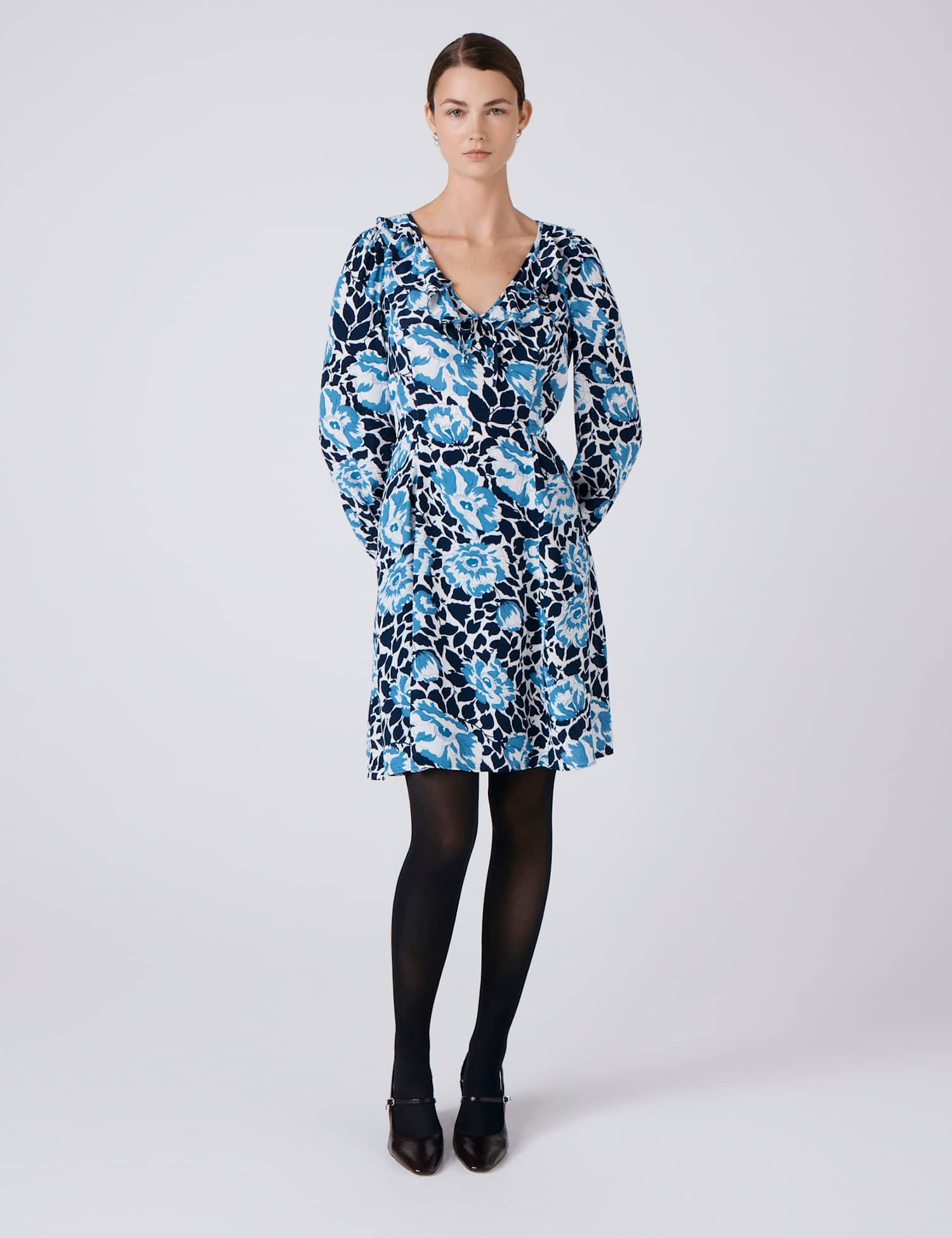 Ghost Crepe Floral V-Neck Mini Skater Dress Blue Mix