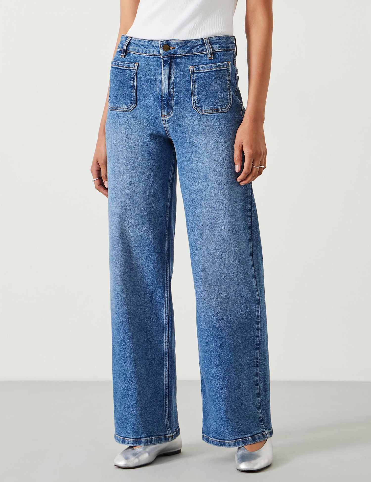 HUSH Mid Rise Patch Pocket Wide Leg Jeans Blue Denim