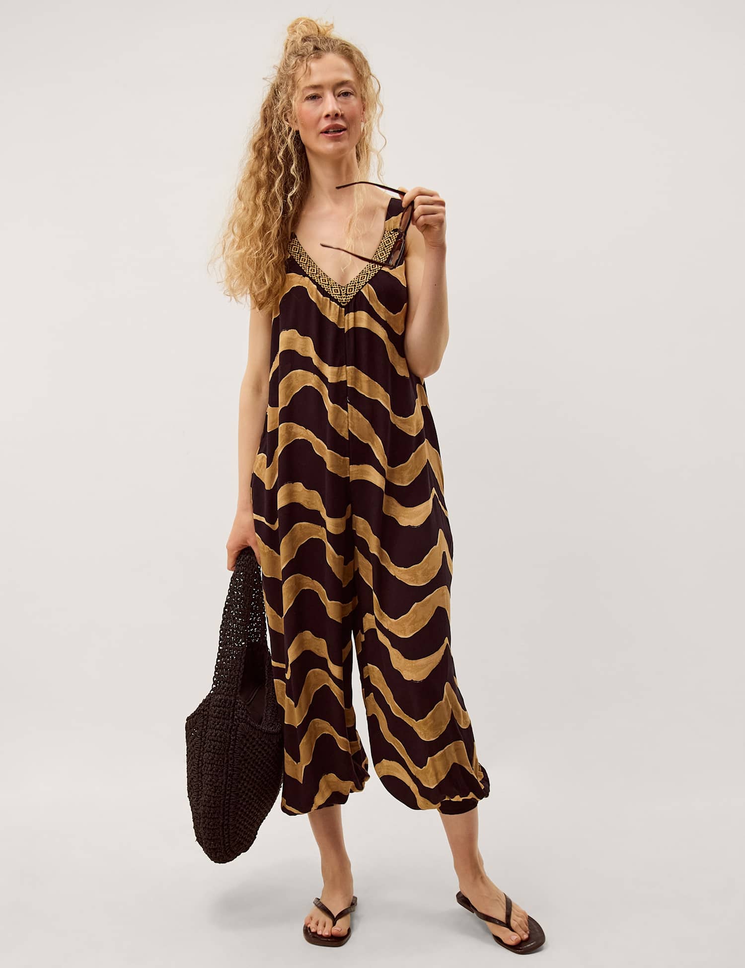 Monsoon Printed Sleeveless Cropped Relaxed Jumpsuit Black Mix