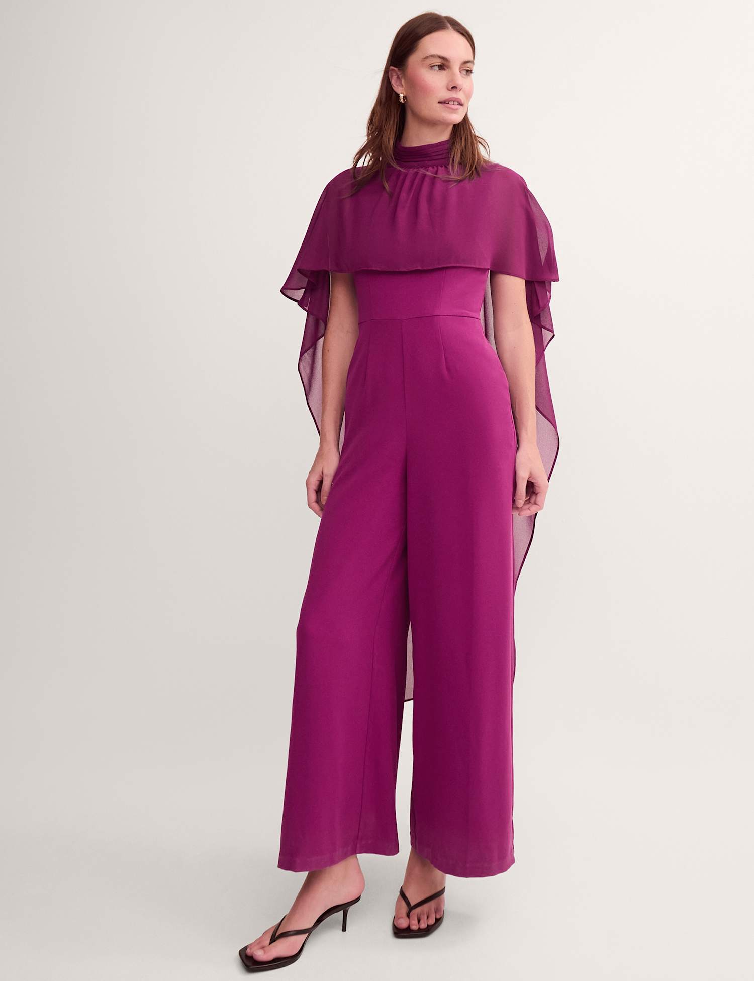 Monsoon High Neck Cape Detail Waisted Jumpsuit Purple