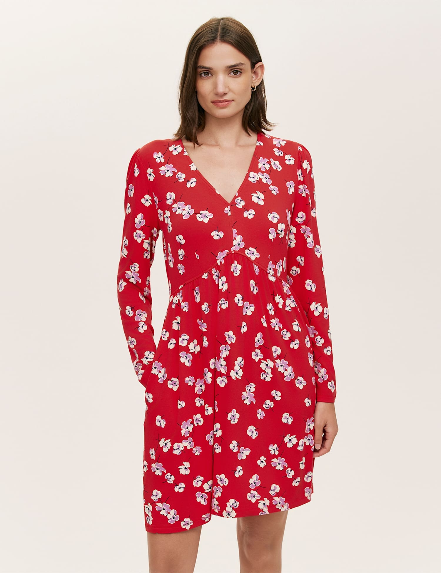 Finery London Jersey Floral V Neck Mini Skater Dress Red Mix