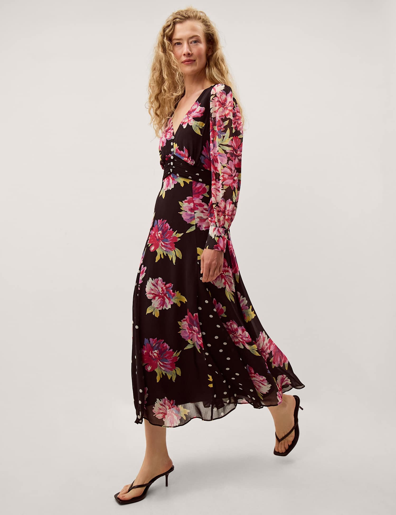 Monsoon Floral V-Neck Maxi Tea Dress Black Mix