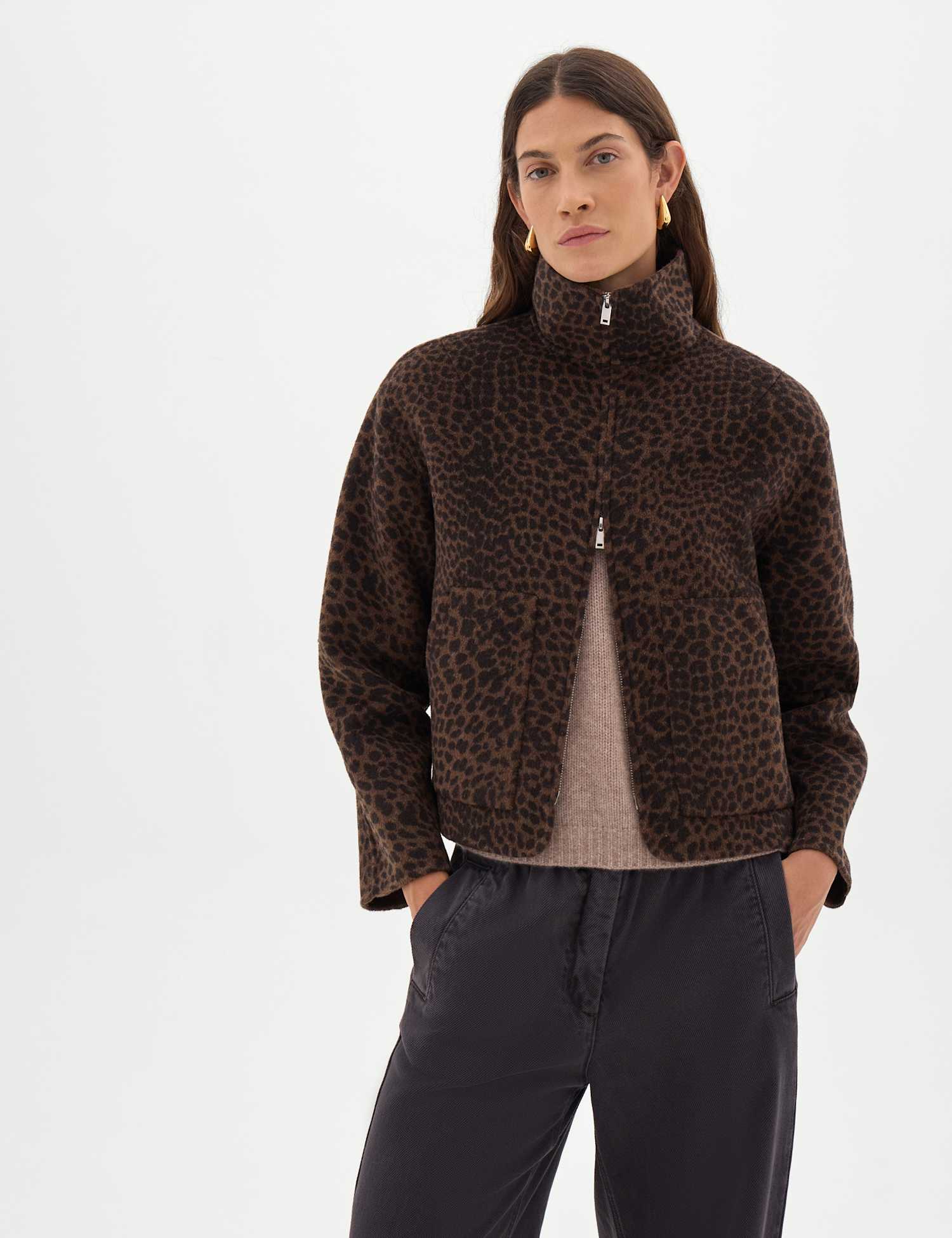 HUSH Ira Pure Wool Leopard Print Funnel Neck Jacket Brown Mix