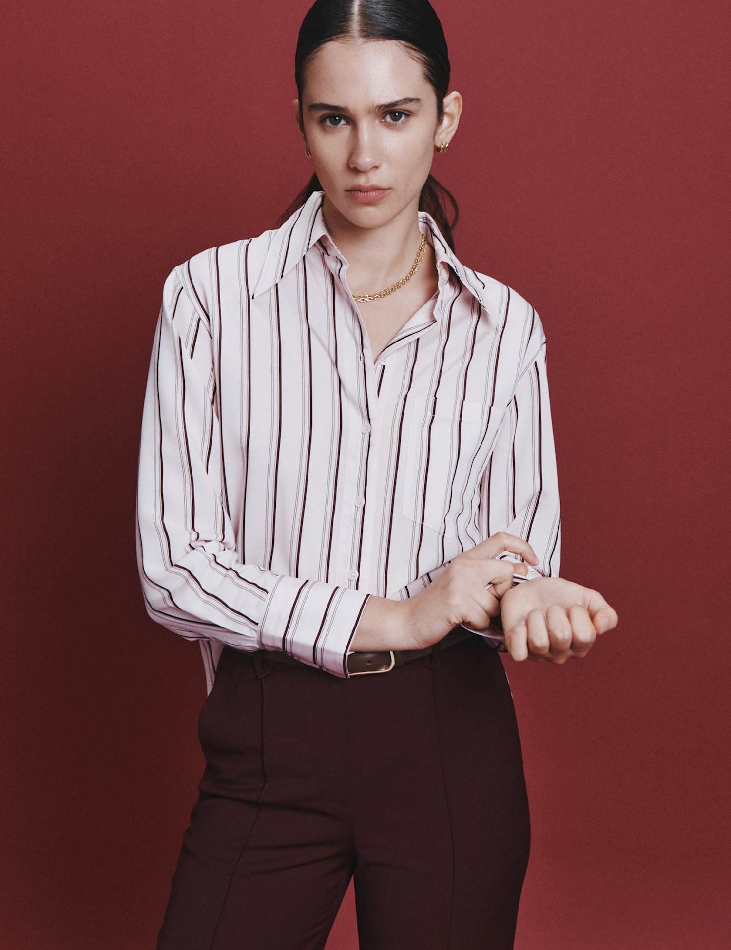 SABA Striped Collared Long Sleeve Shirt Pink