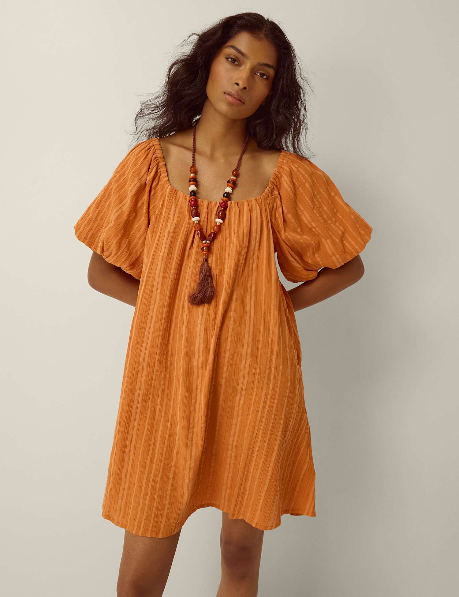 Monsoon Pure Cotton Scoop Neck Midi Smock Dress Tan