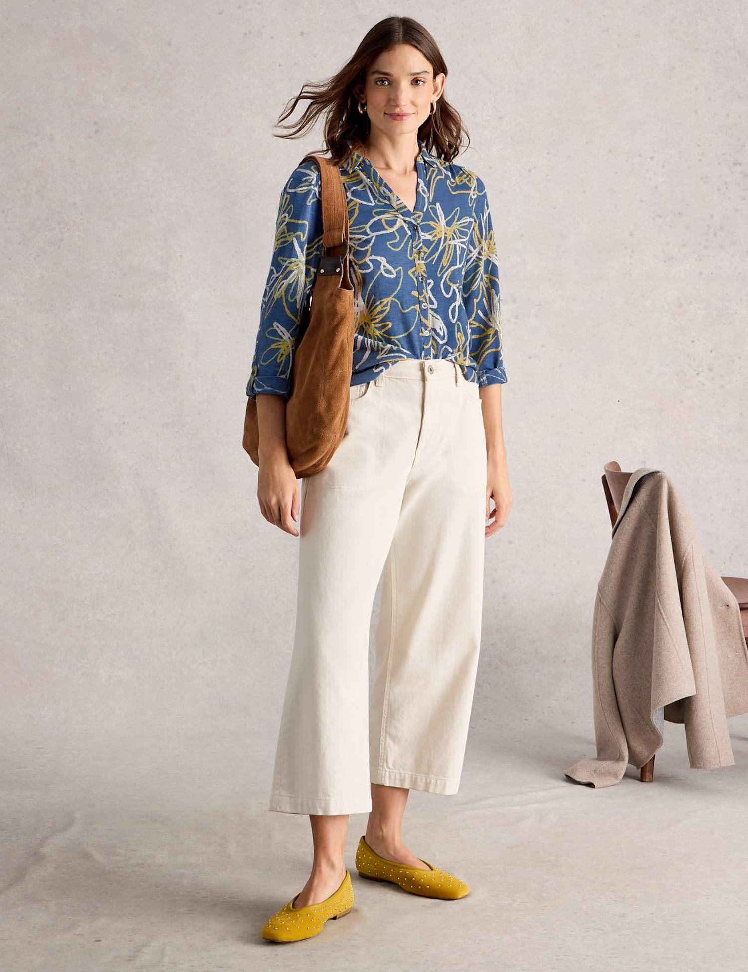 White Stuff Pure Cotton Jersey Printed Shirt Blue Mix