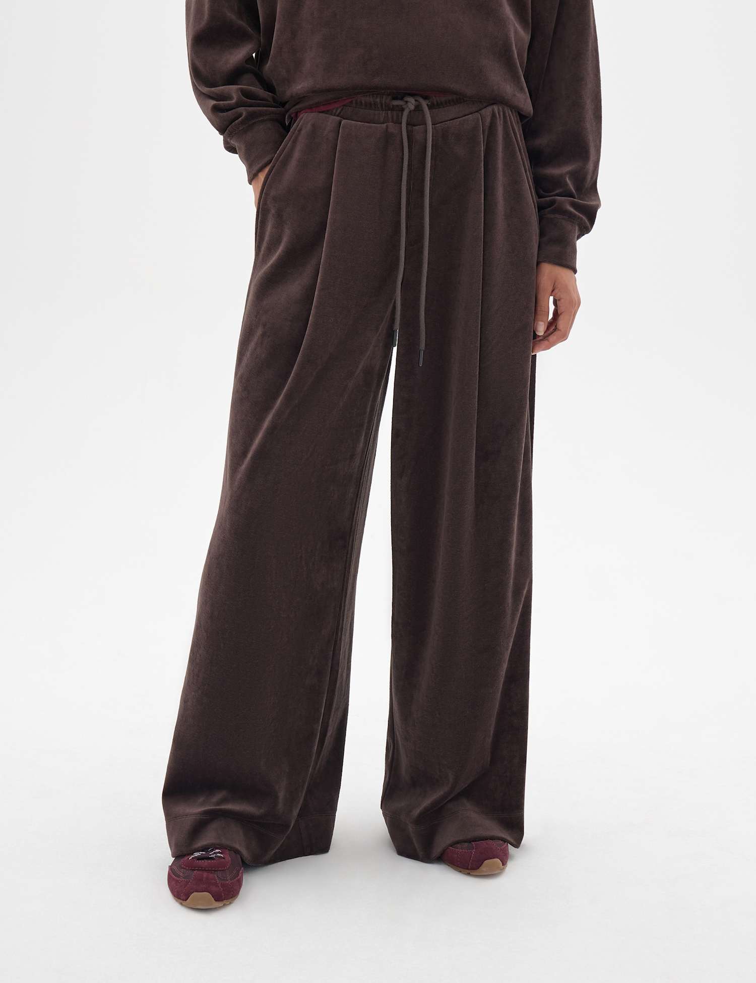 HUSH Aarti Velour Wide Leg Trousers Dark Brown