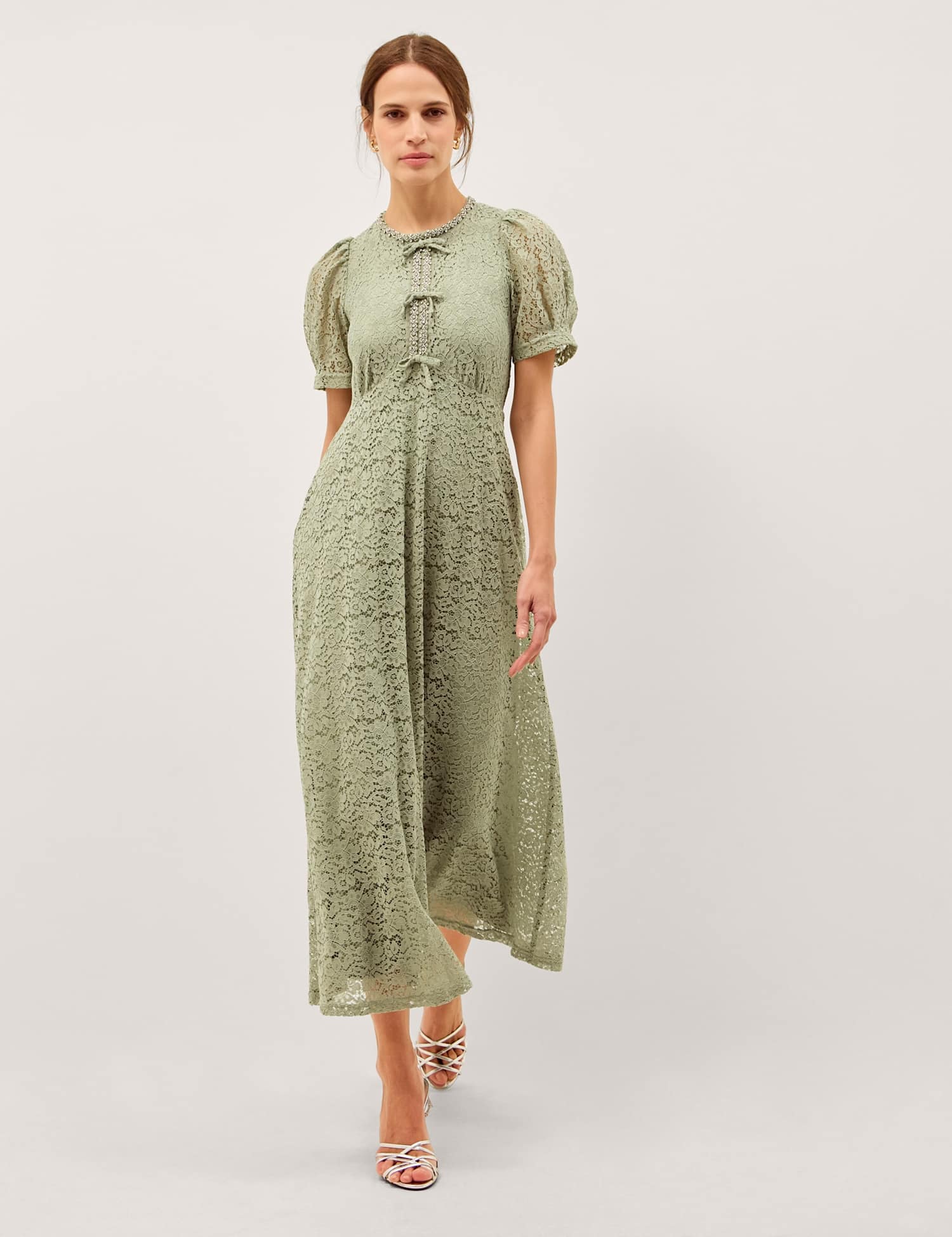 Monsoon Cotton Blend Lace Puff Sleeve Midaxi Tea Dress Light Green