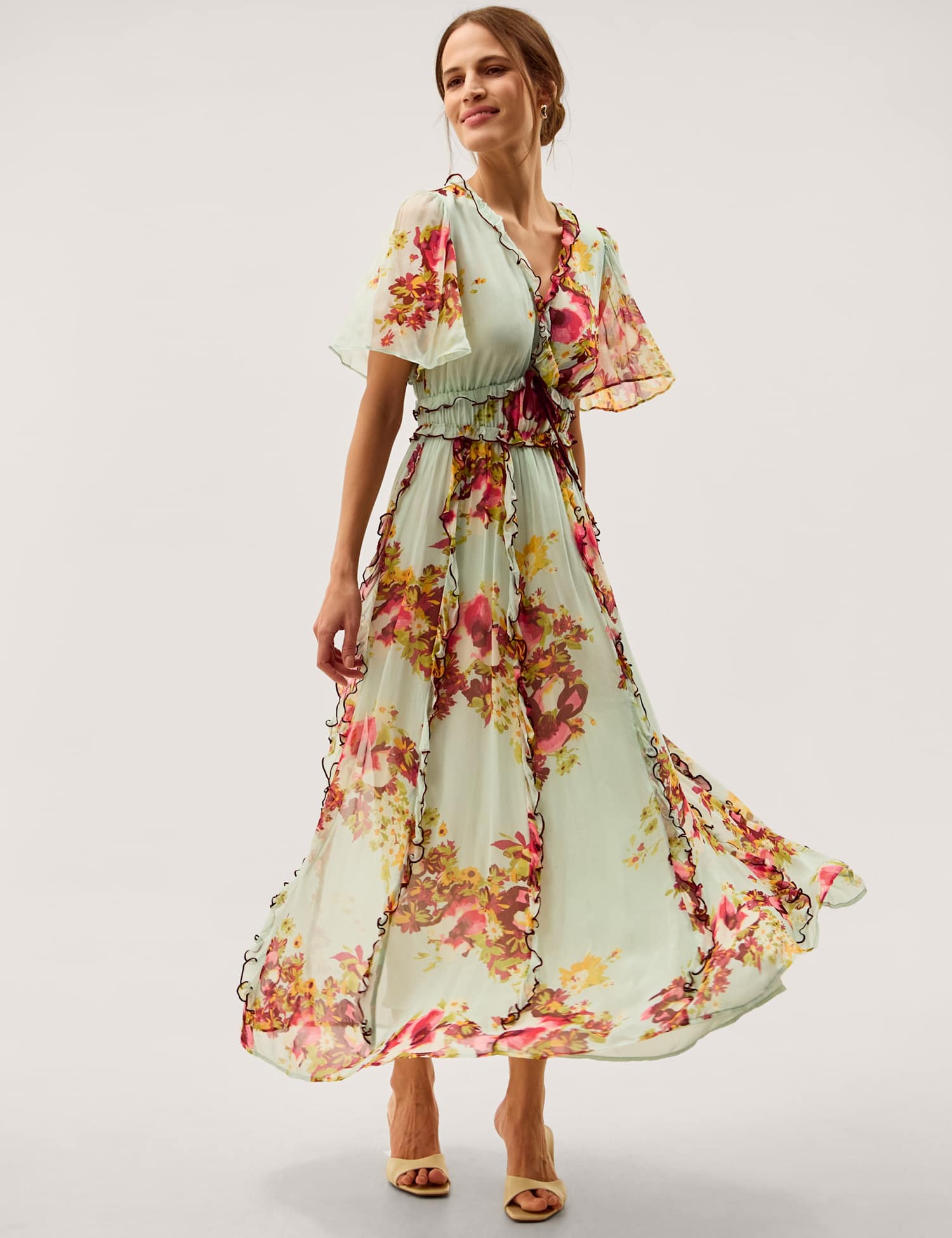 Monsoon Floral V-Neck Angel Sleeve Maxi Tea Dress Sage Mix