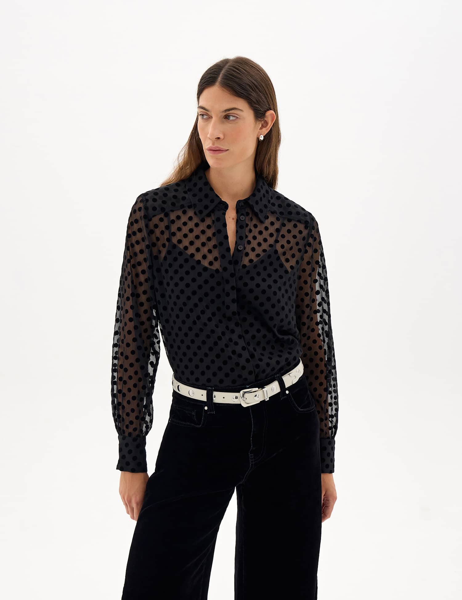 HUSH Chiffon Flock Polka Dot Shirt Black Mix