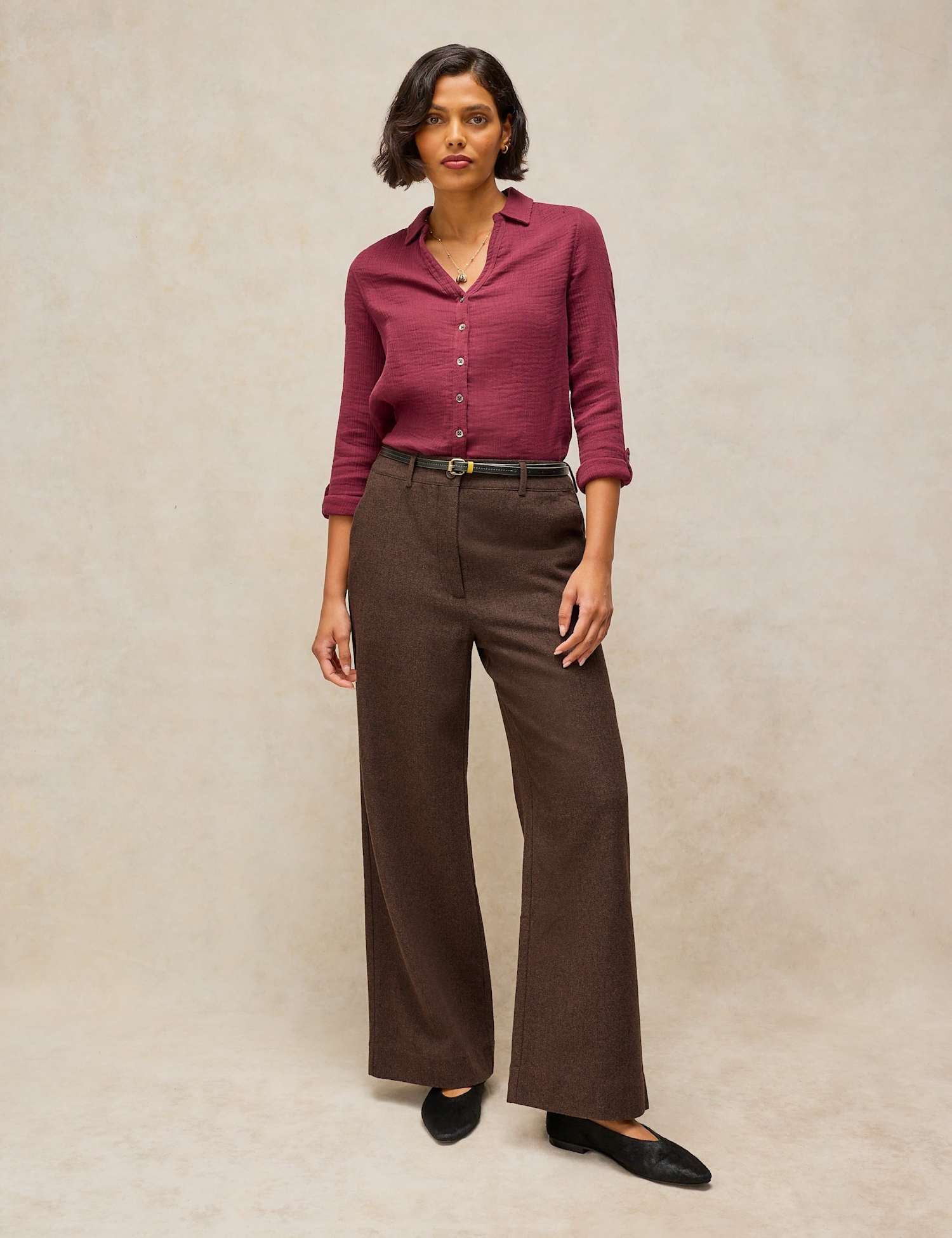 White Stuff Belle Tweed Wide Leg Trousers with Wool Brown Mix