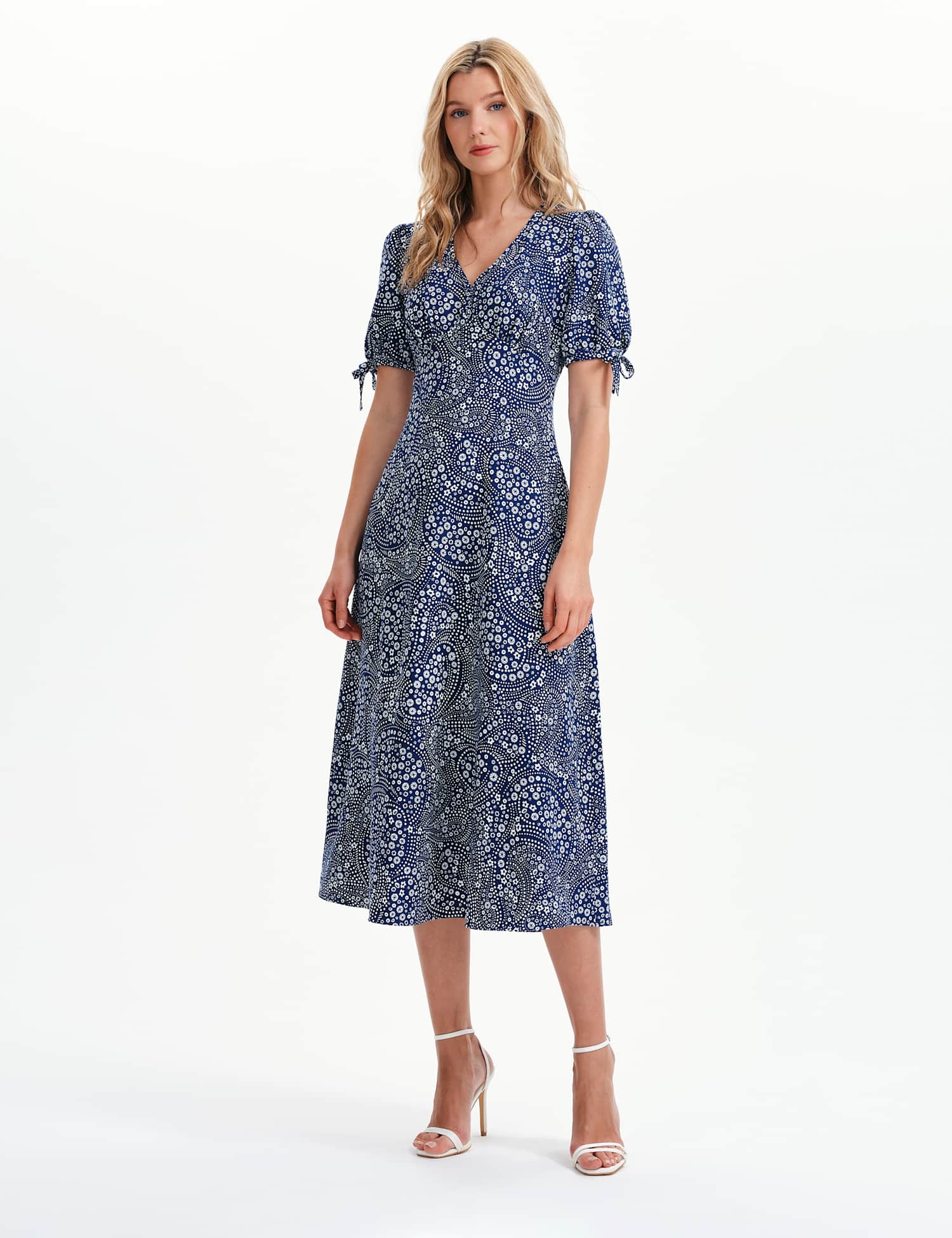 Finery London Printed V-Neck Midi Tea Dress Navy Mix