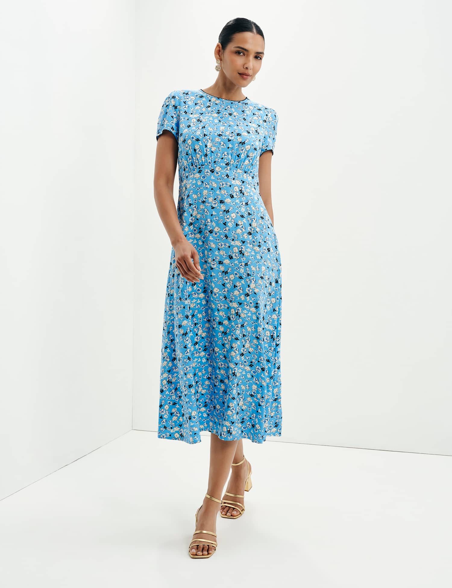 Finery London Ditsy Floral Midi Waisted Dress Blue Mix