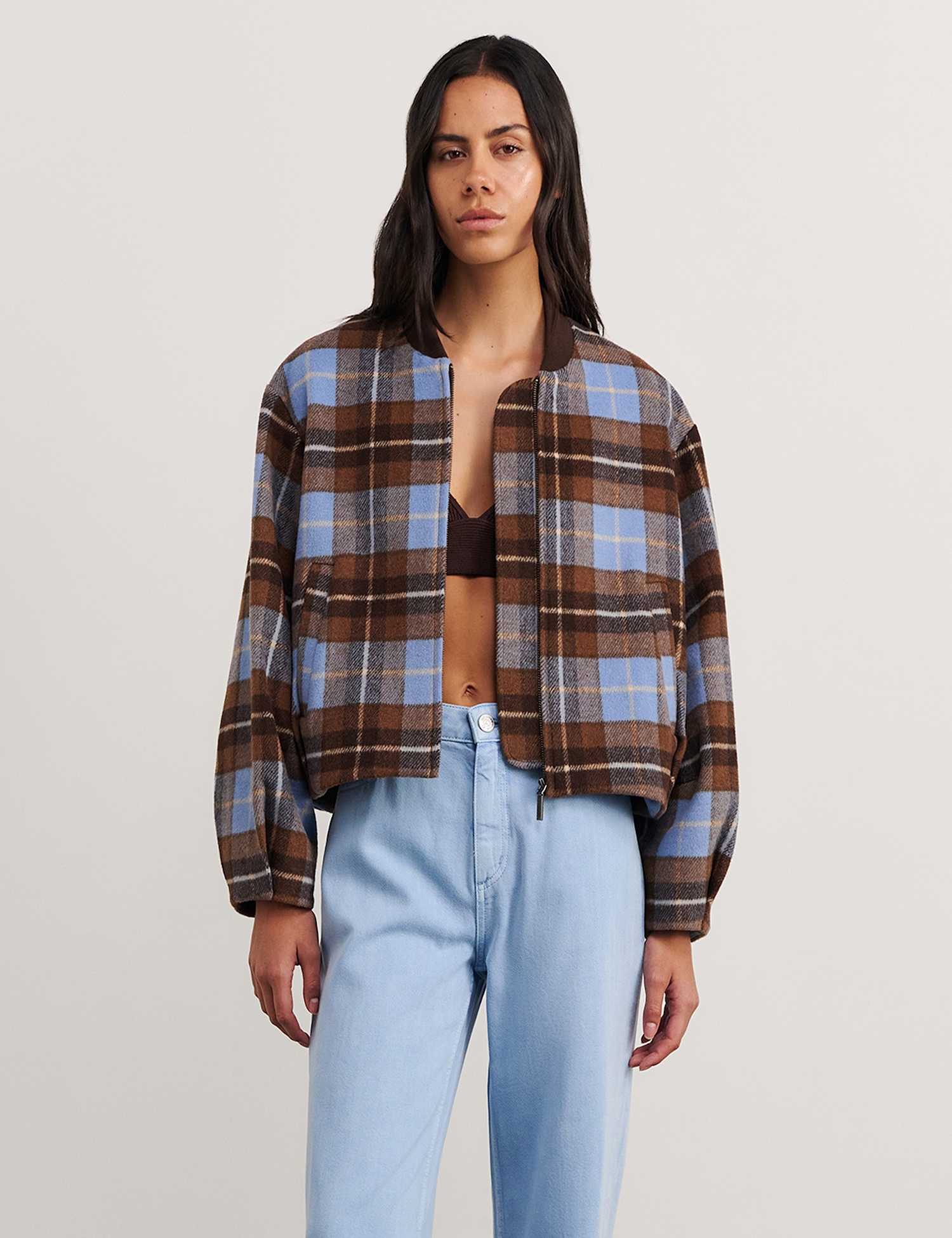 Jag Wool Blend Checked Bomber Jacket Brown Mix