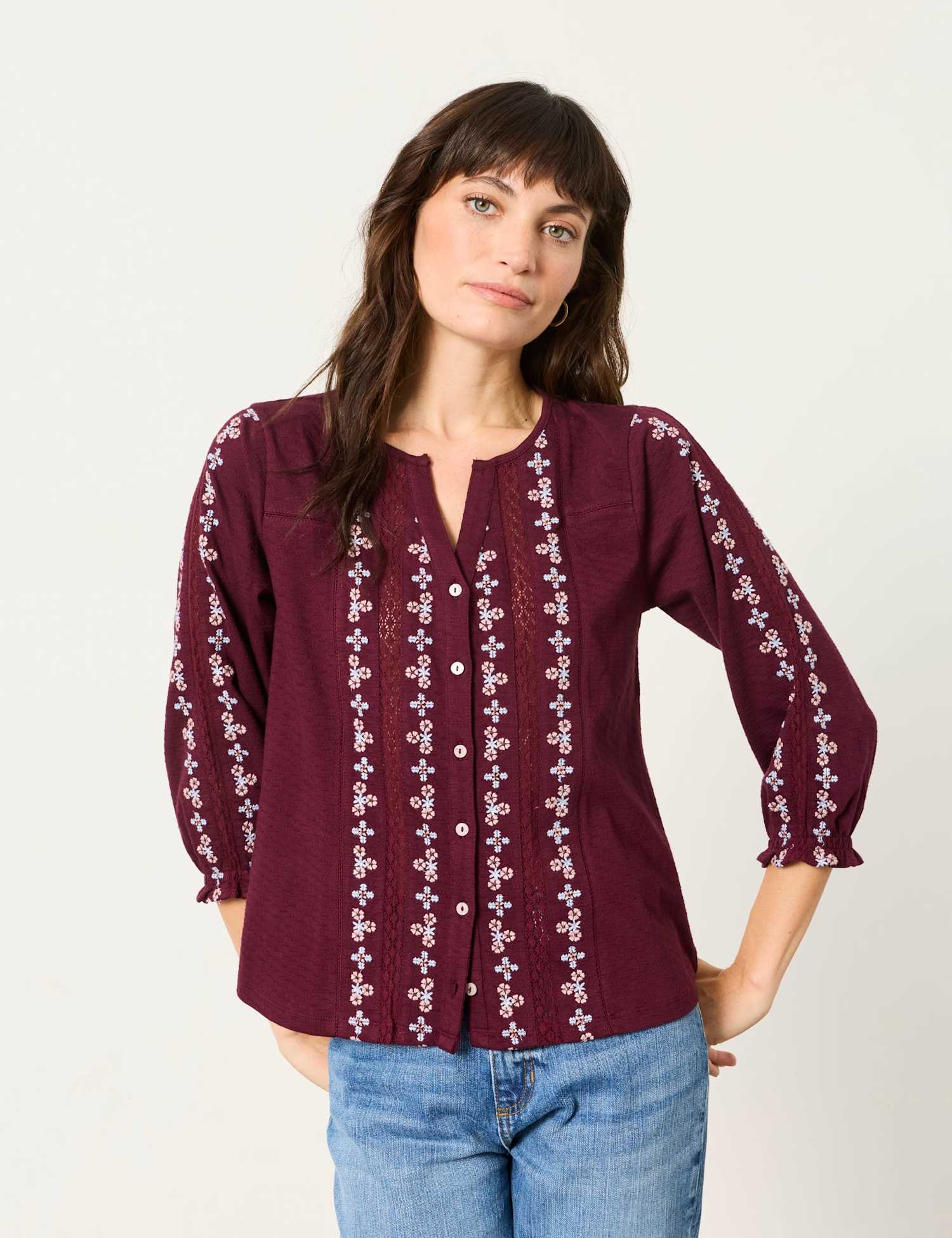 FatFace Embroidered V Neck Cotton Blouse Burgundy Mix