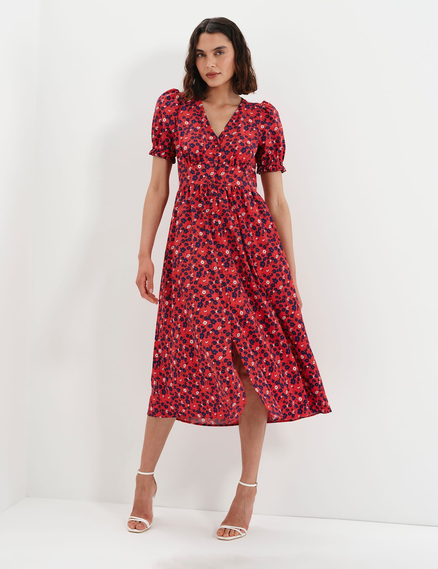 Finery London Floral V-Neck Midi Puff Sleeve Waisted Dress Red Mix