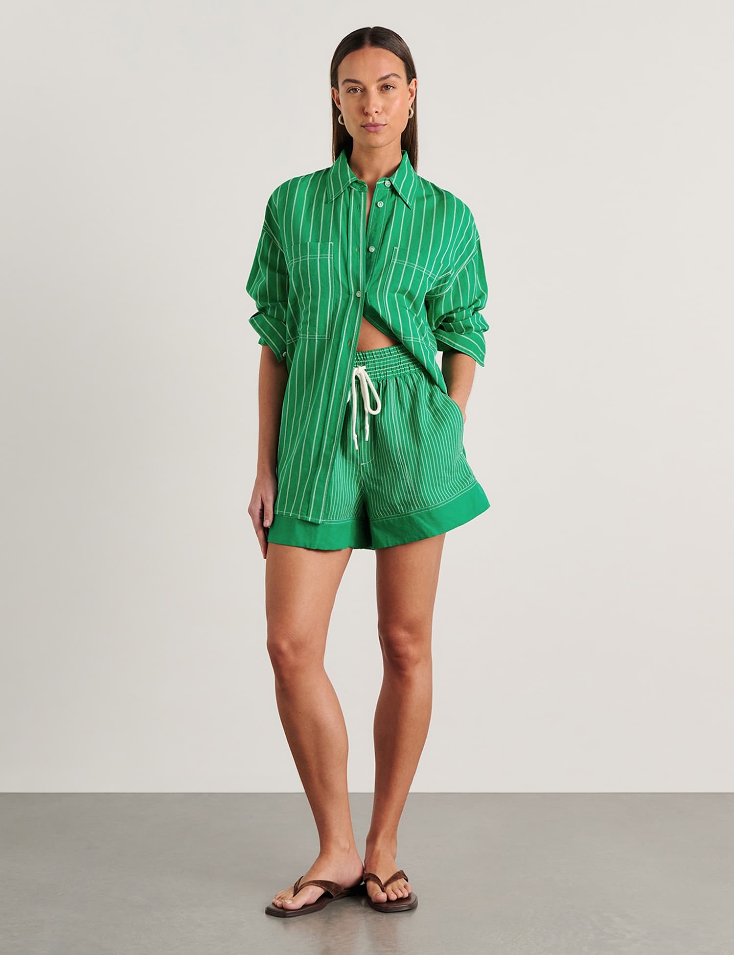 Jag Linen Rich Striped High Waisted Shorts Green