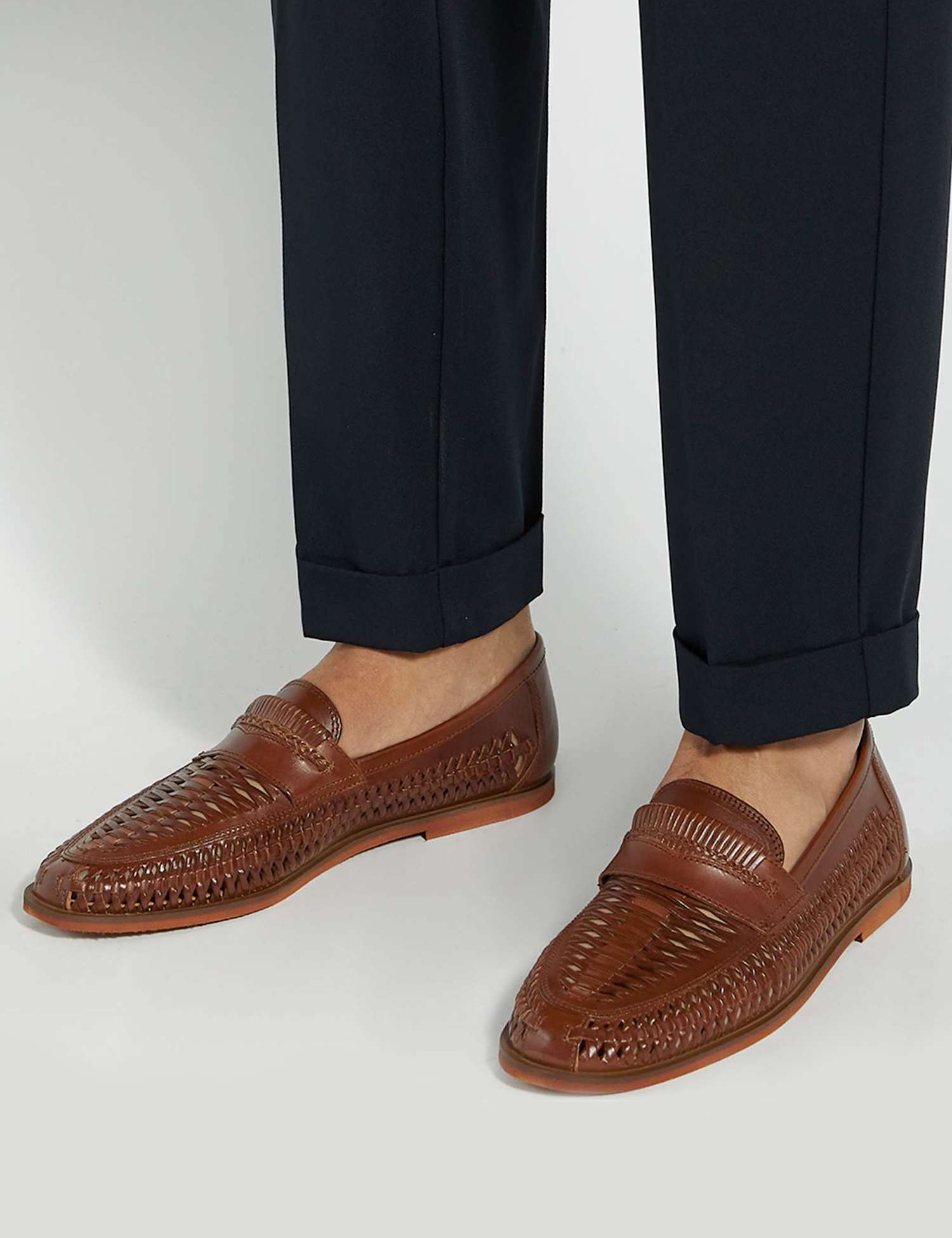 Dune London Leather Woven Flat Loafers Tan