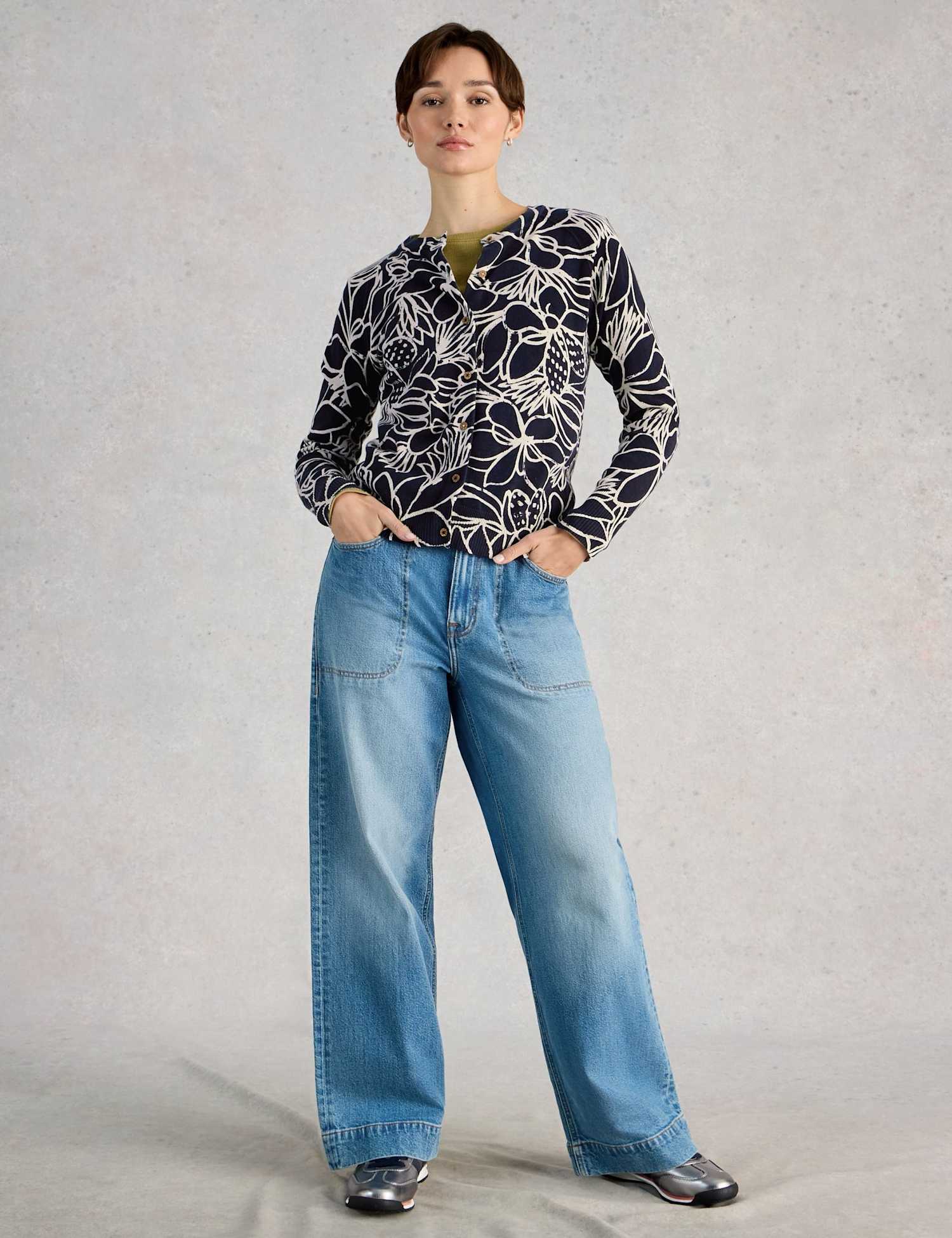 White Stuff Pure Cotton Printed Button Front Cardigan Navy Mix