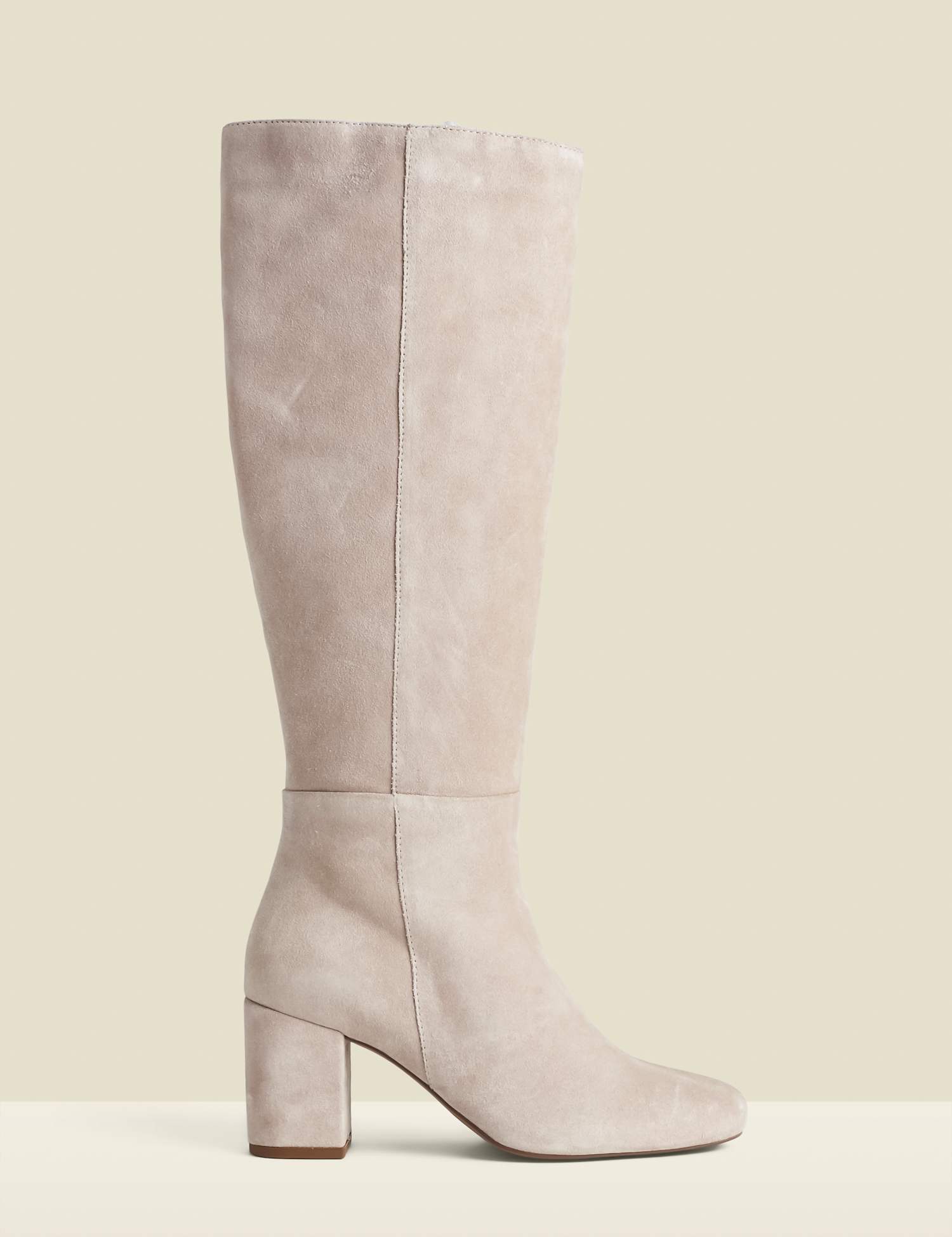 SOSANDAR Suede Block Heel Round Toe Knee High Boots Neutral