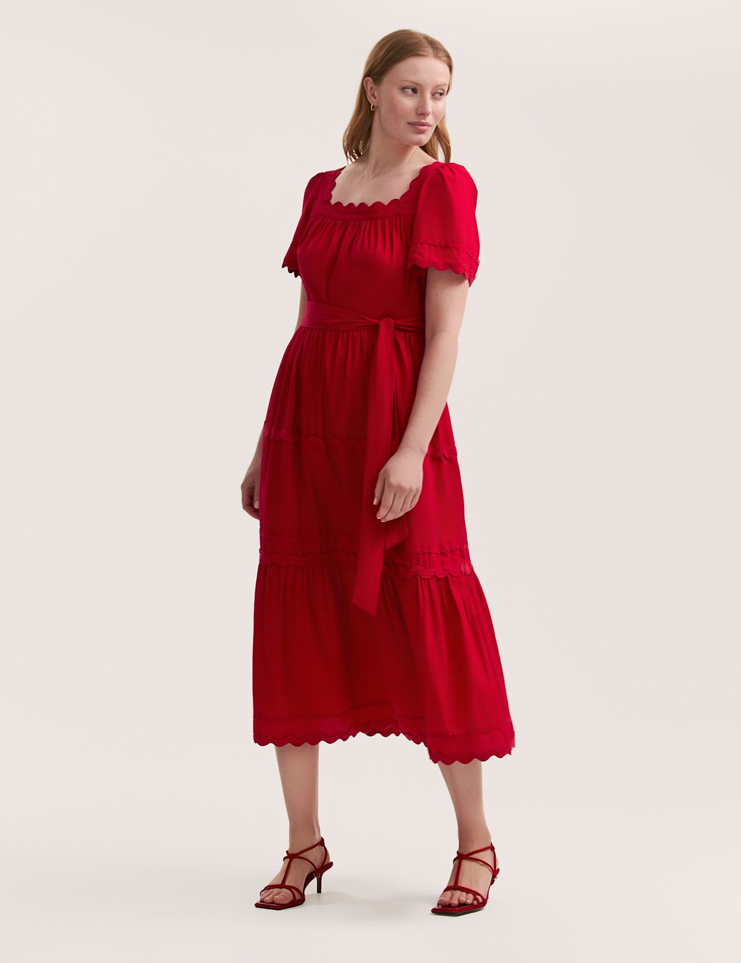 Finery London Pure Cotton Square Neck Midi Tiered Dress Red