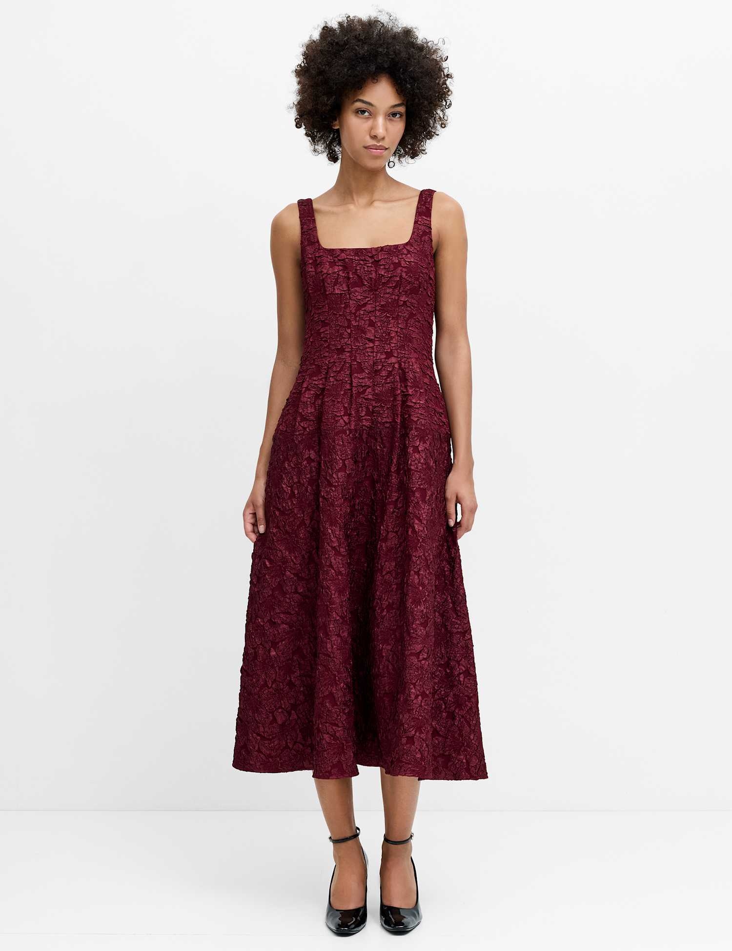 French Connection Jacquard Square Neck Midi Swing Dress Cherry Red
