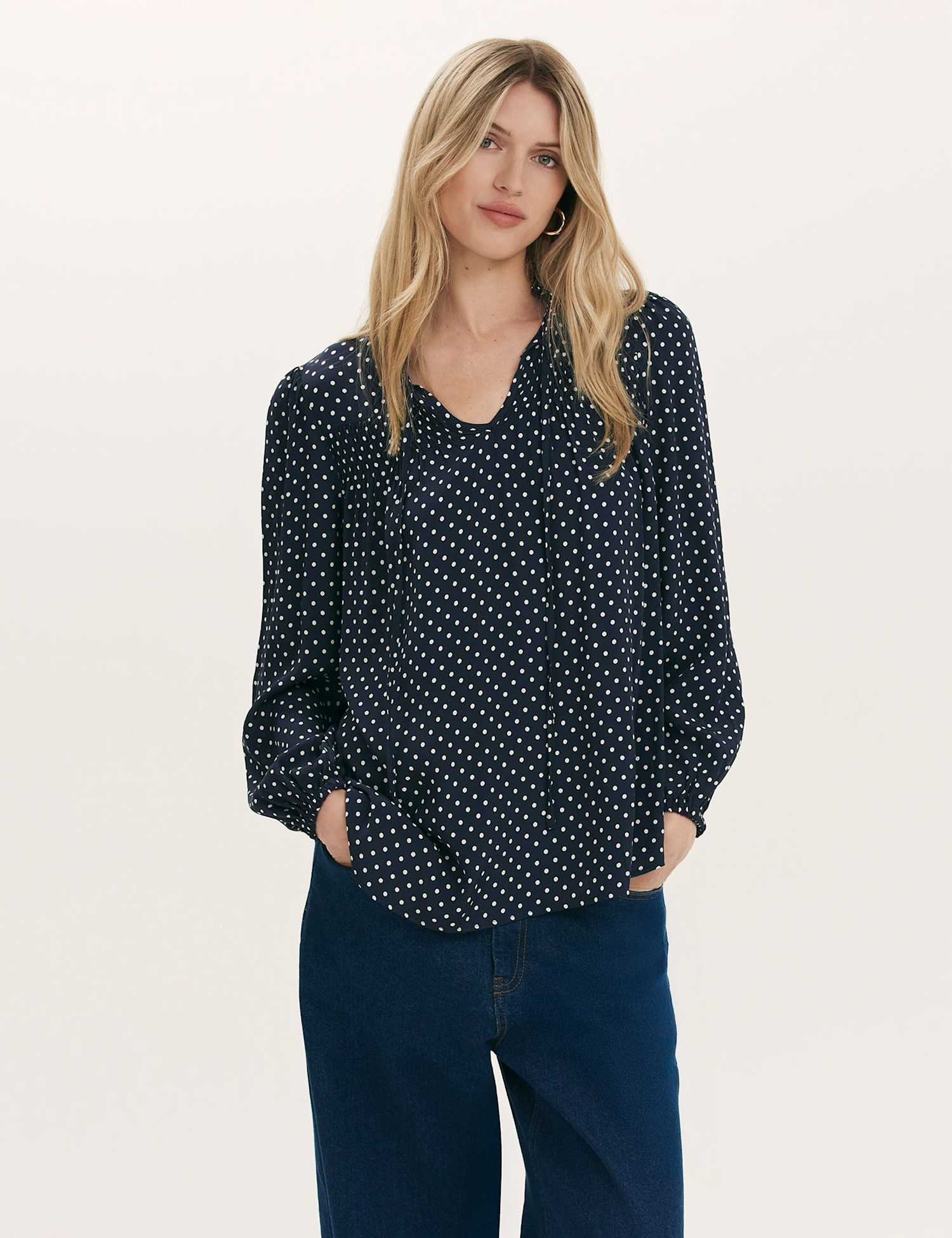 Finery London Kiya Crepe Spot Print Tie Neck Blouse Navy Mix