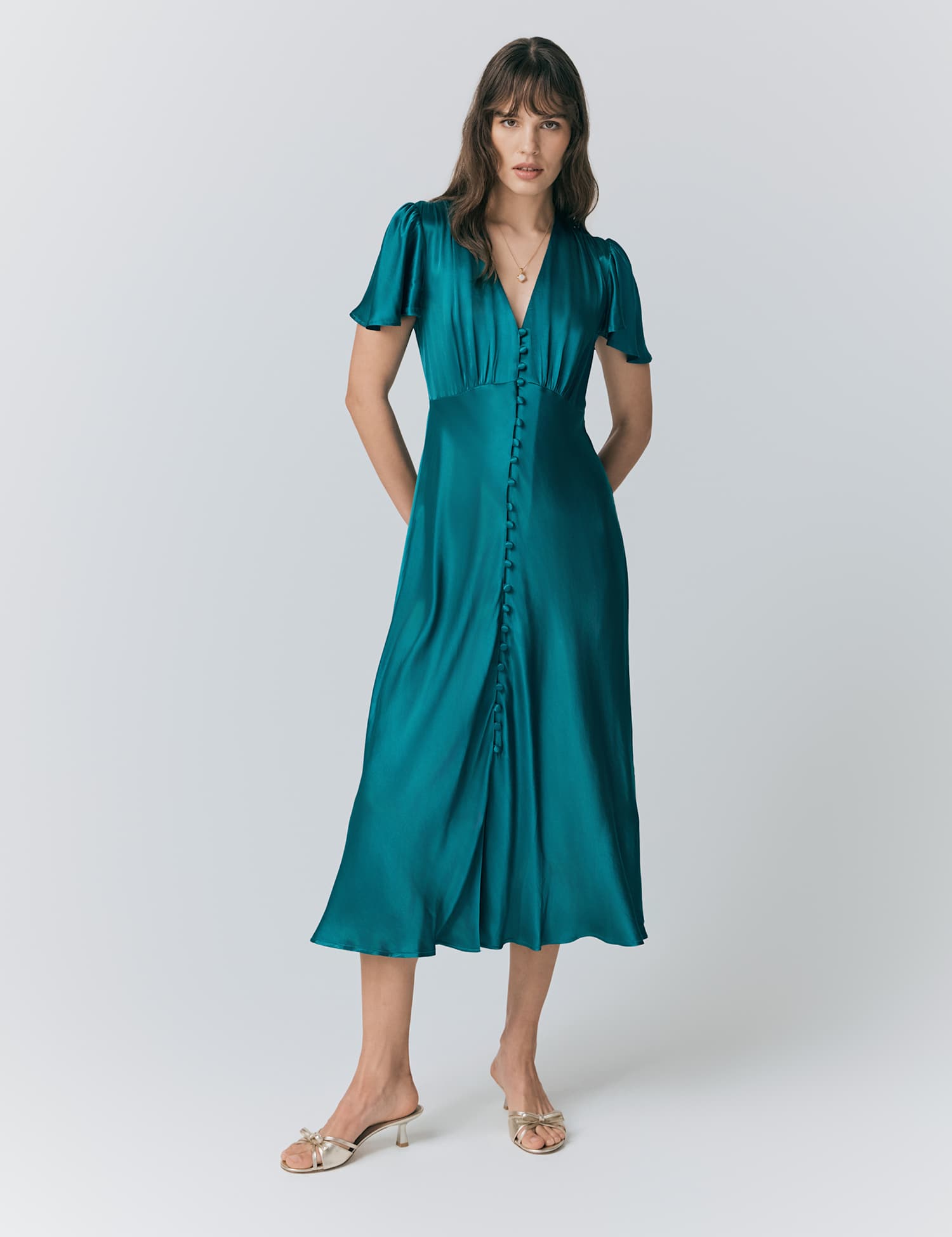 Ghost Satin V-Neck Angel Sleeve Midi Tea Dress Green