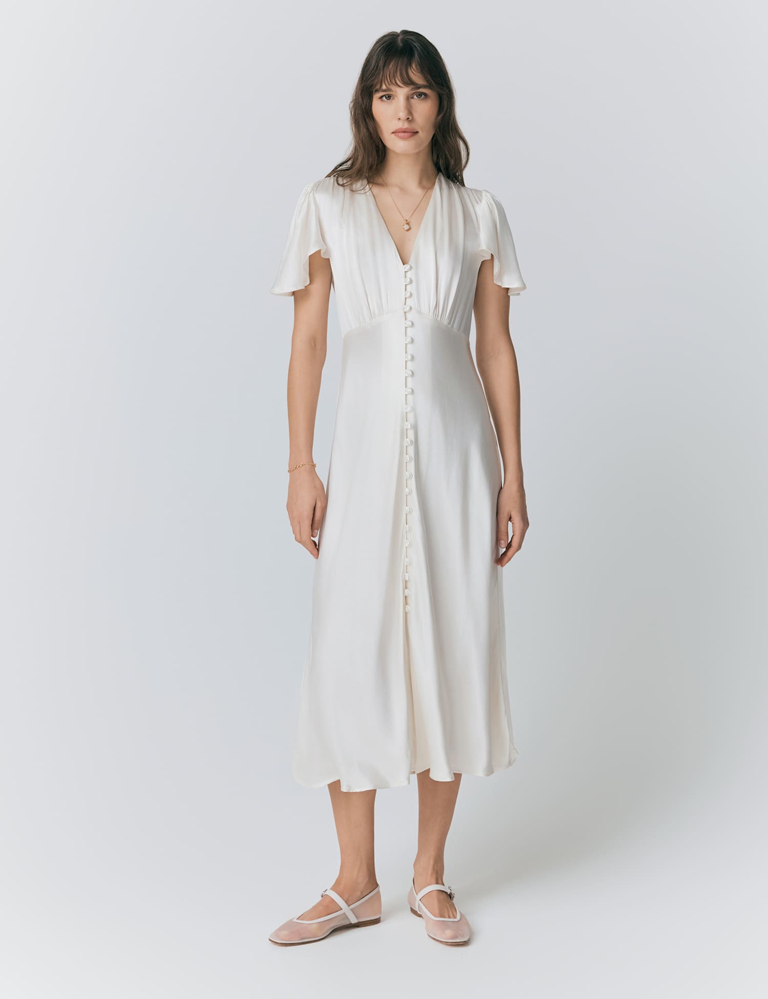 Ghost Satin V-Neck Angel Sleeve Midi Tea Dress Ivory