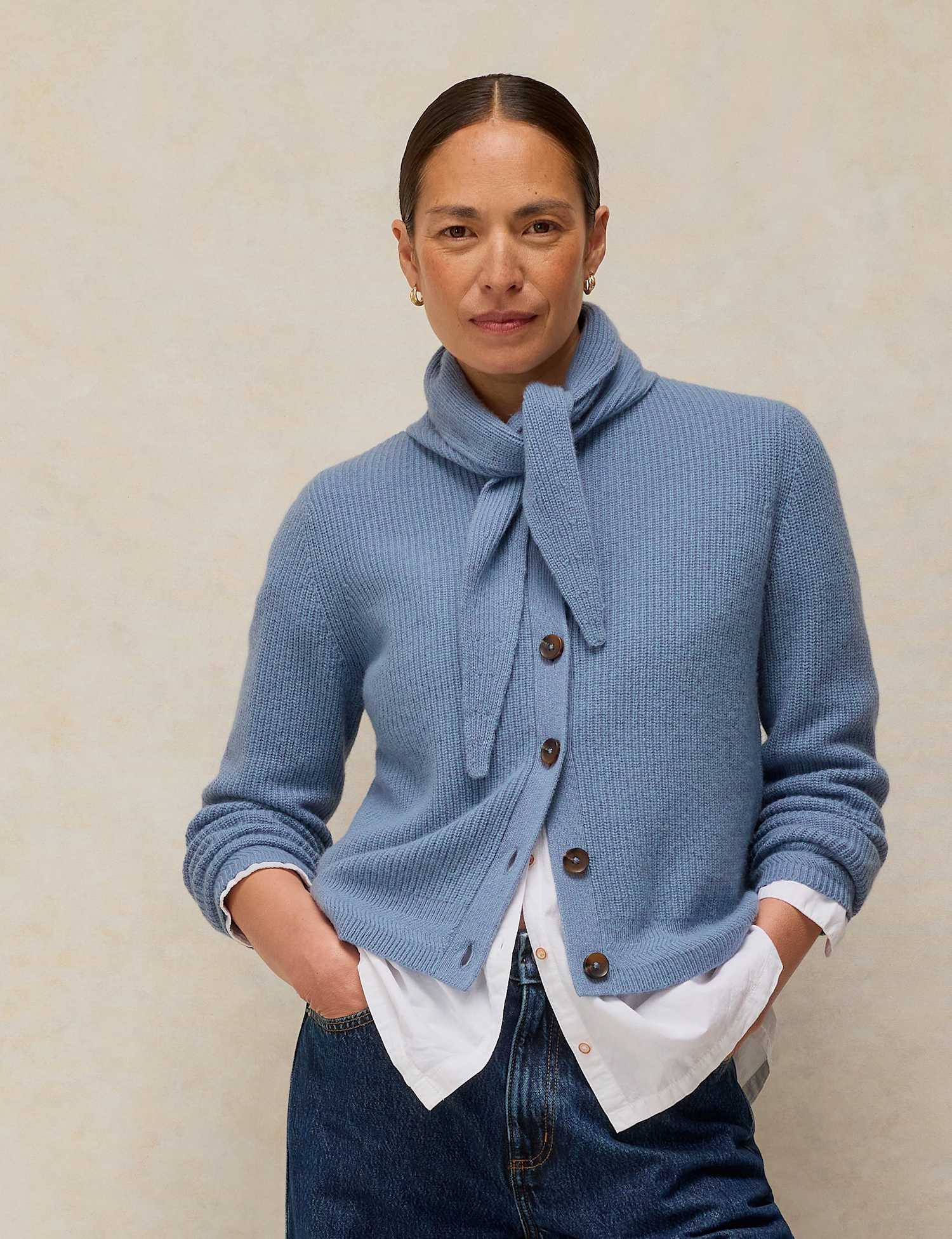 White Stuff Wool Blend Printed Crew Neck Cardigan Mid Blue