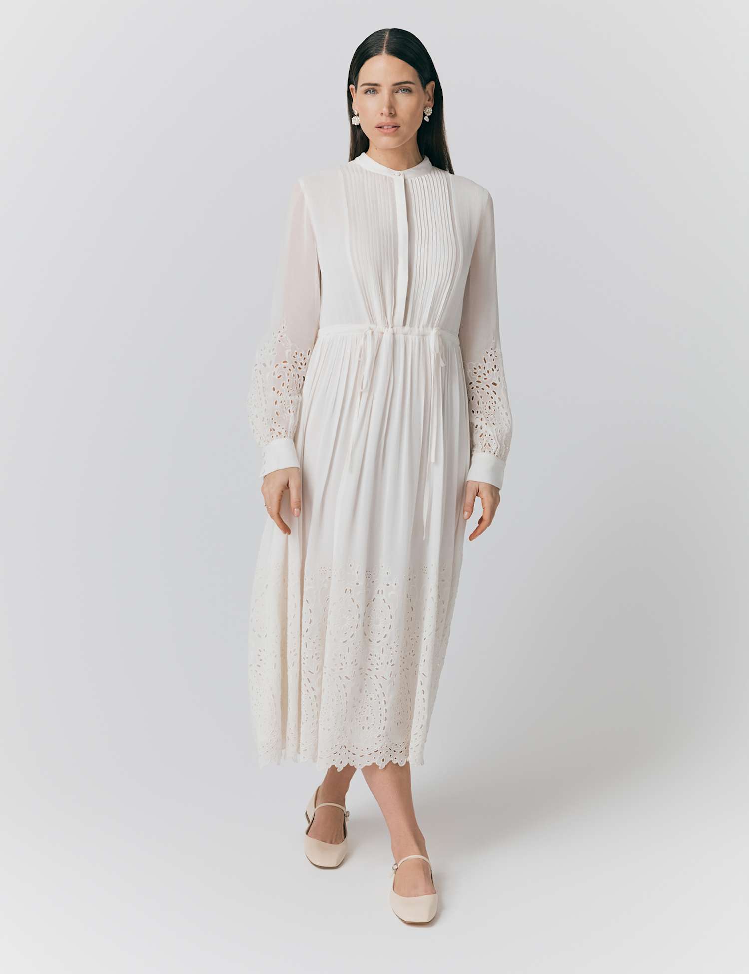 Ghost Georgette Broderie Pleated Midi Smock Dress Ivory