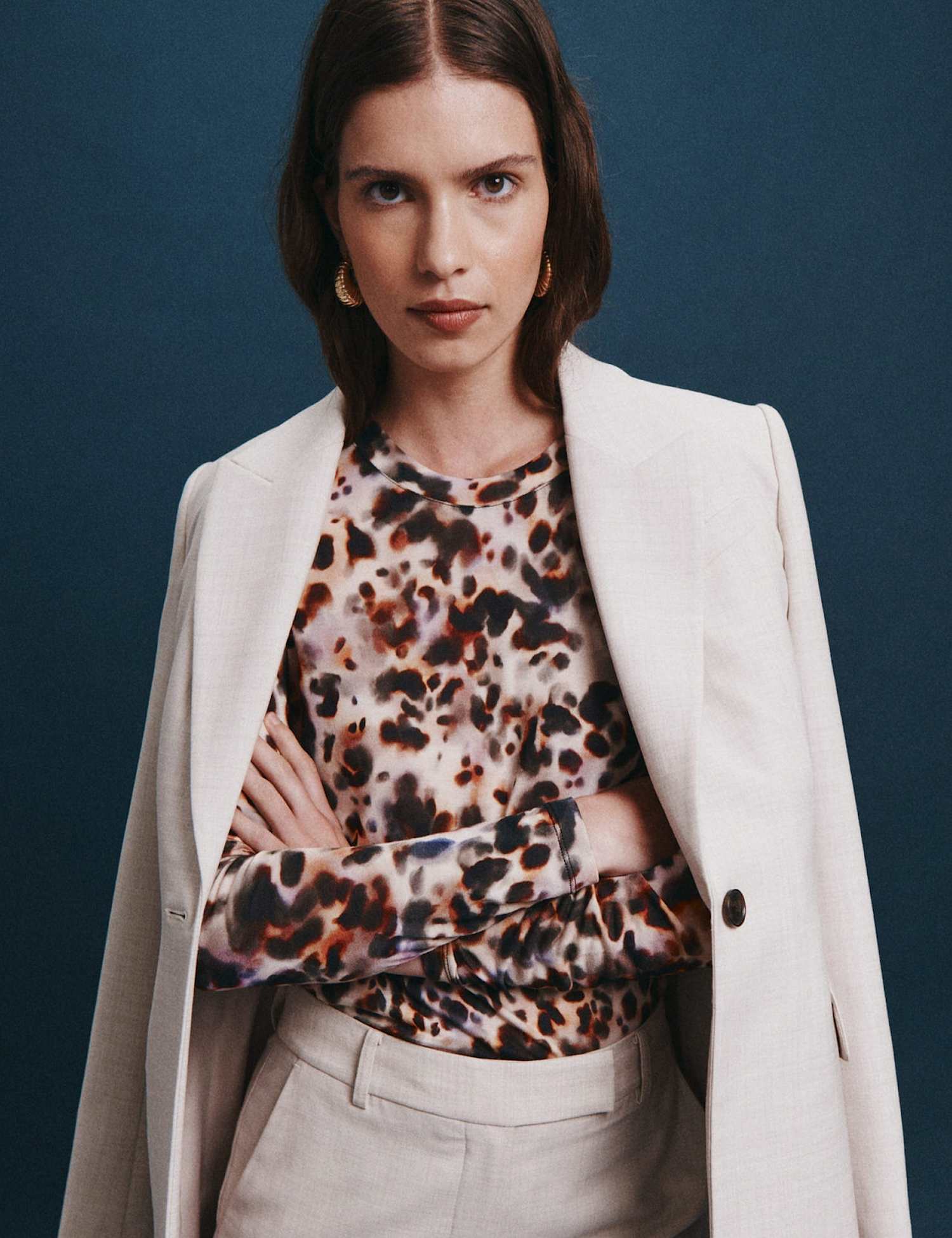 SABA Animal Print Crew Neck Top Brown Mix