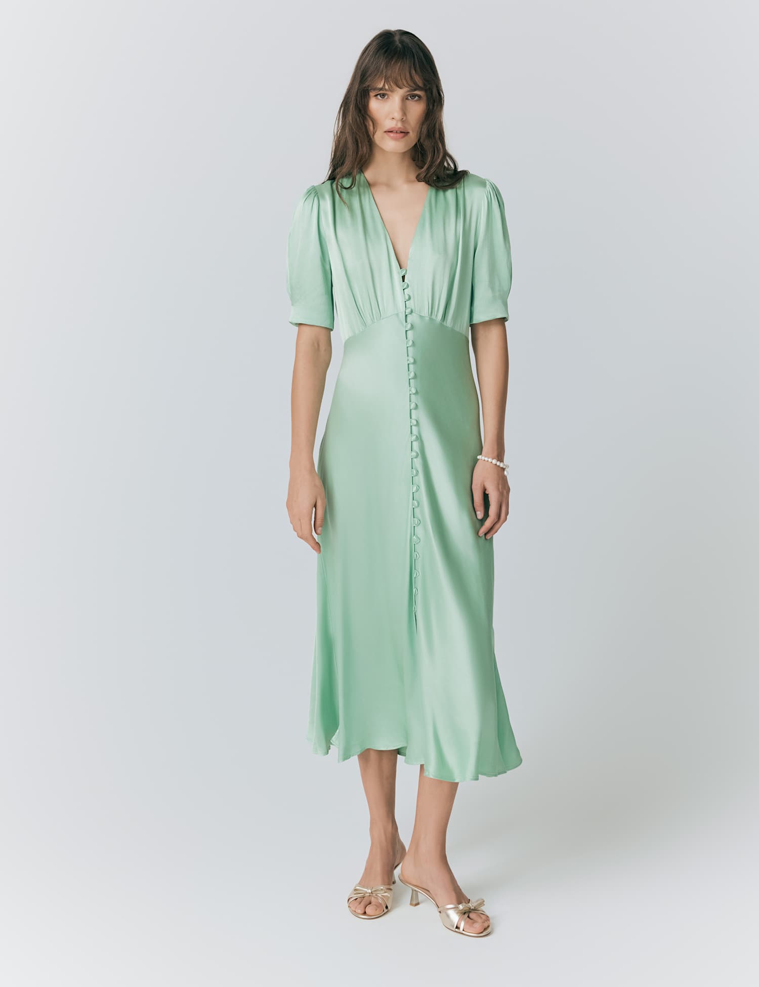 Ghost Satin V-Neck Button Through Midaxi Tea Dress Light Green