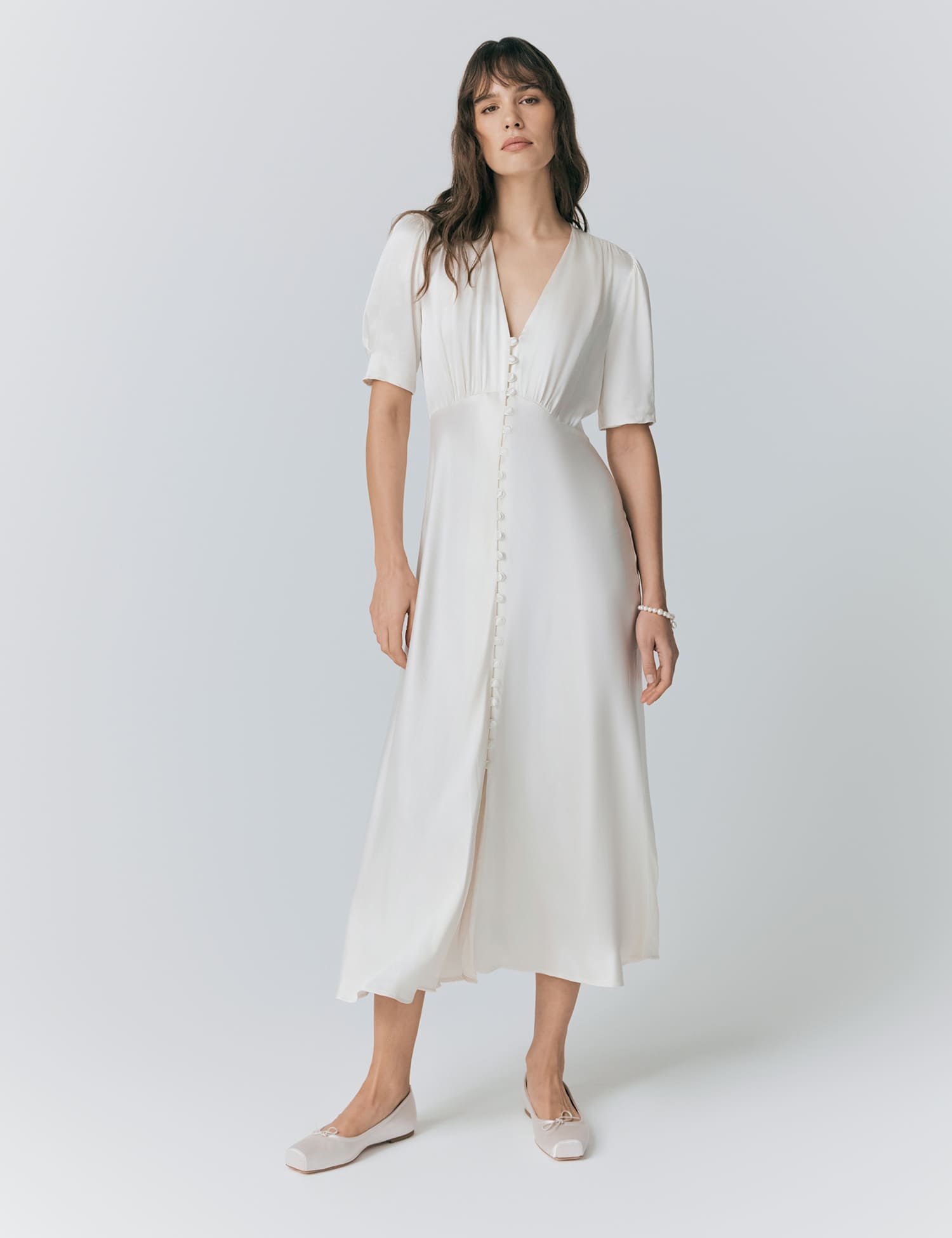 Ghost Satin V-Neck Button Through Midaxi Tea Dress Ivory
