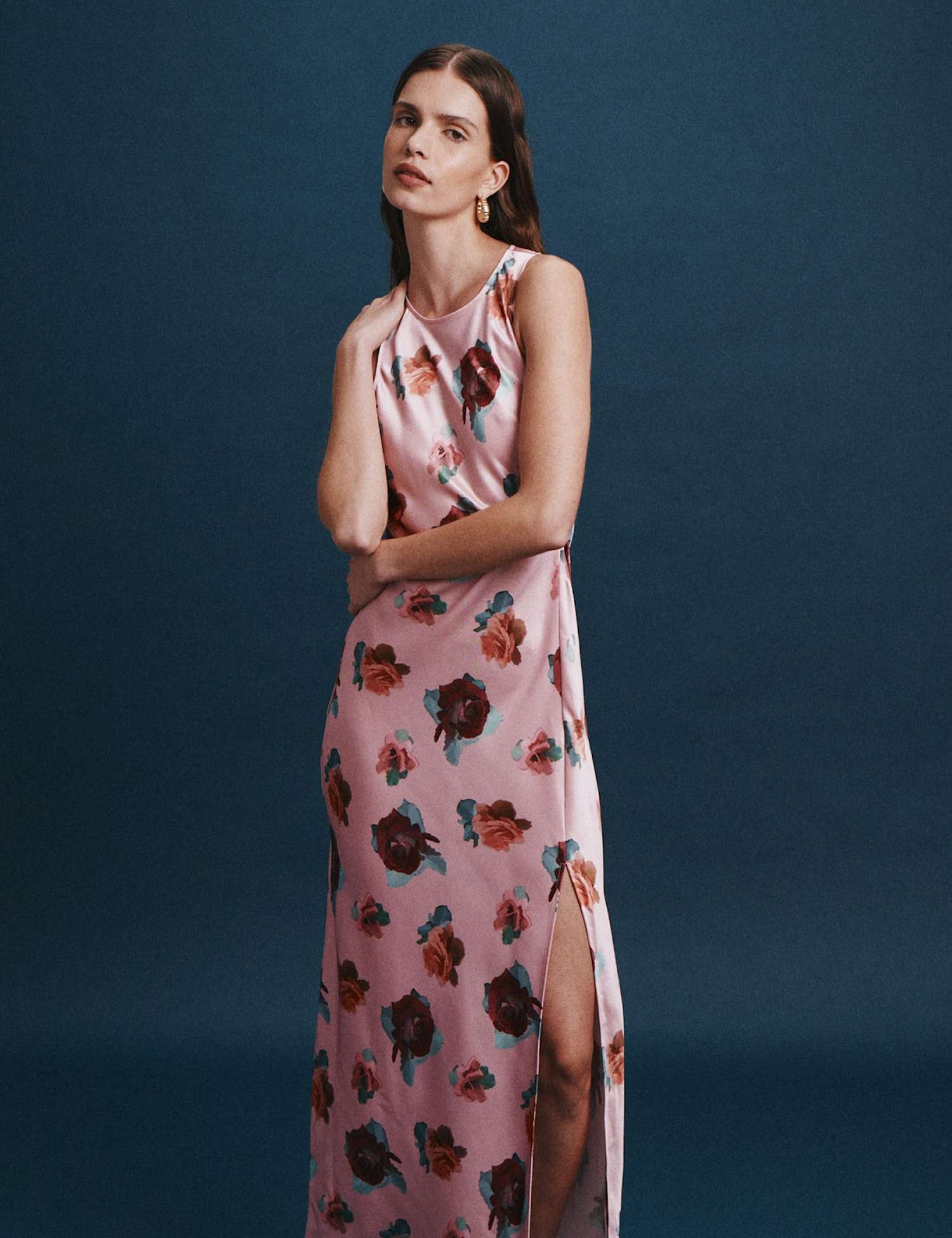 SABA Floral Button Front Maxi Column Dress Pink Mix