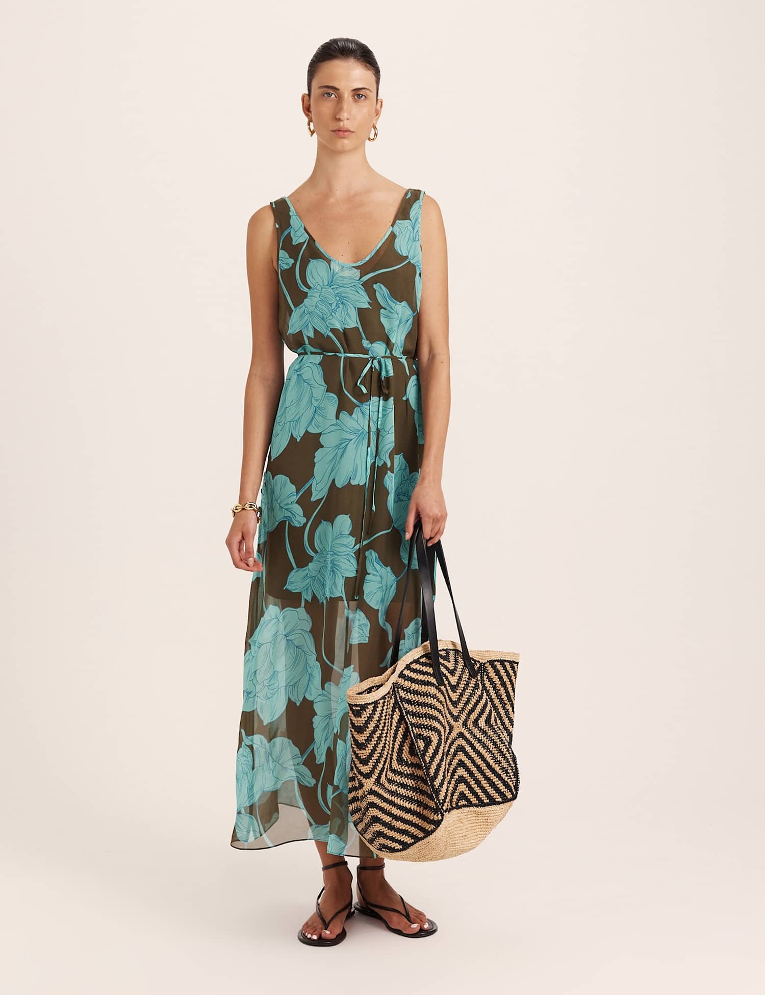 SABA Pure Silk Floral Scoop Neck Tie Waist Maxi Dress Multi