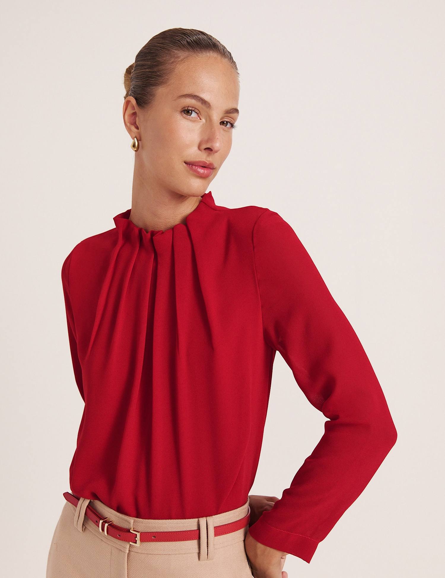 SABA High Neck Long Sleeve Blouse Red
