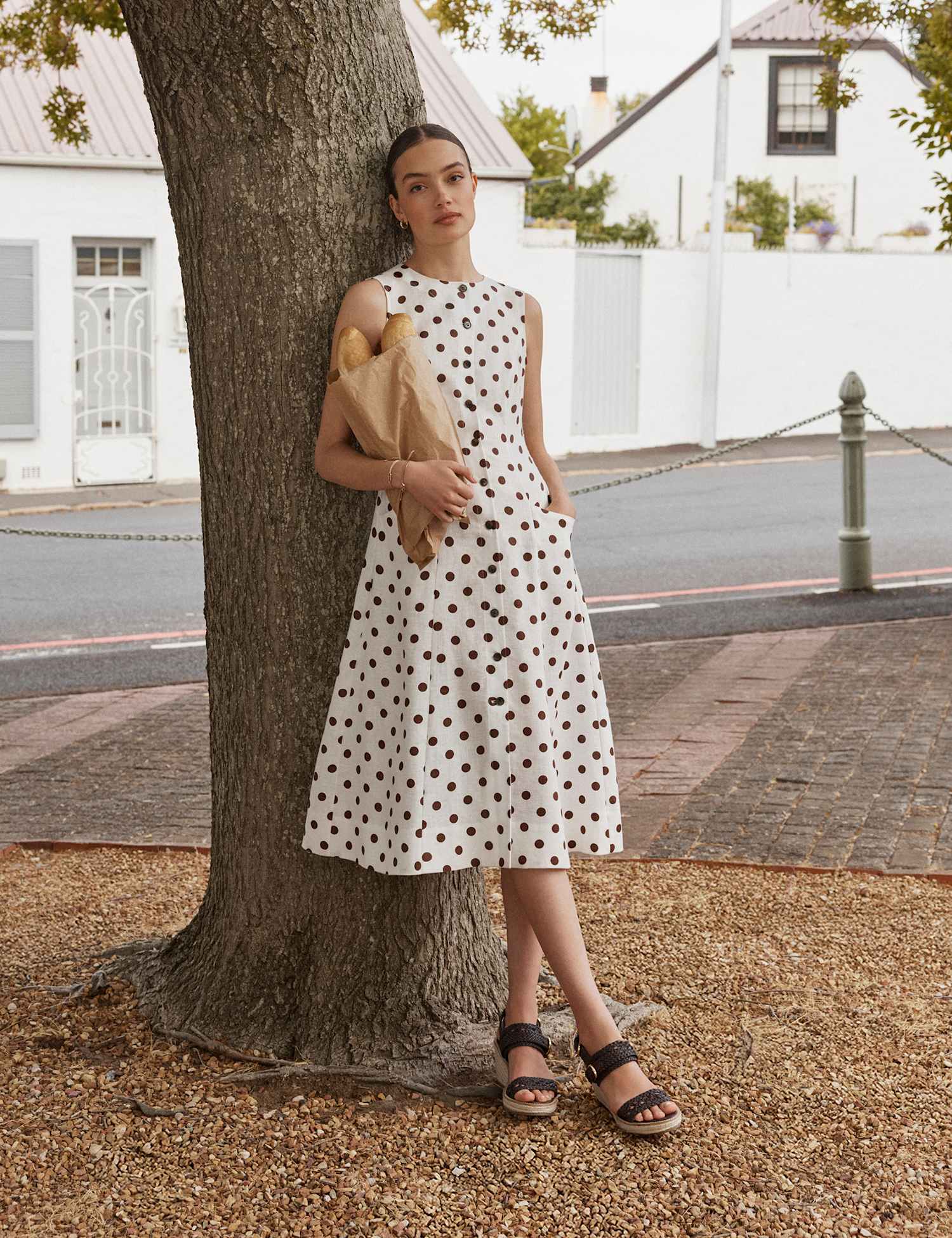 HOBBS Pure Linen Button Through Midi Waisted Dress Brown