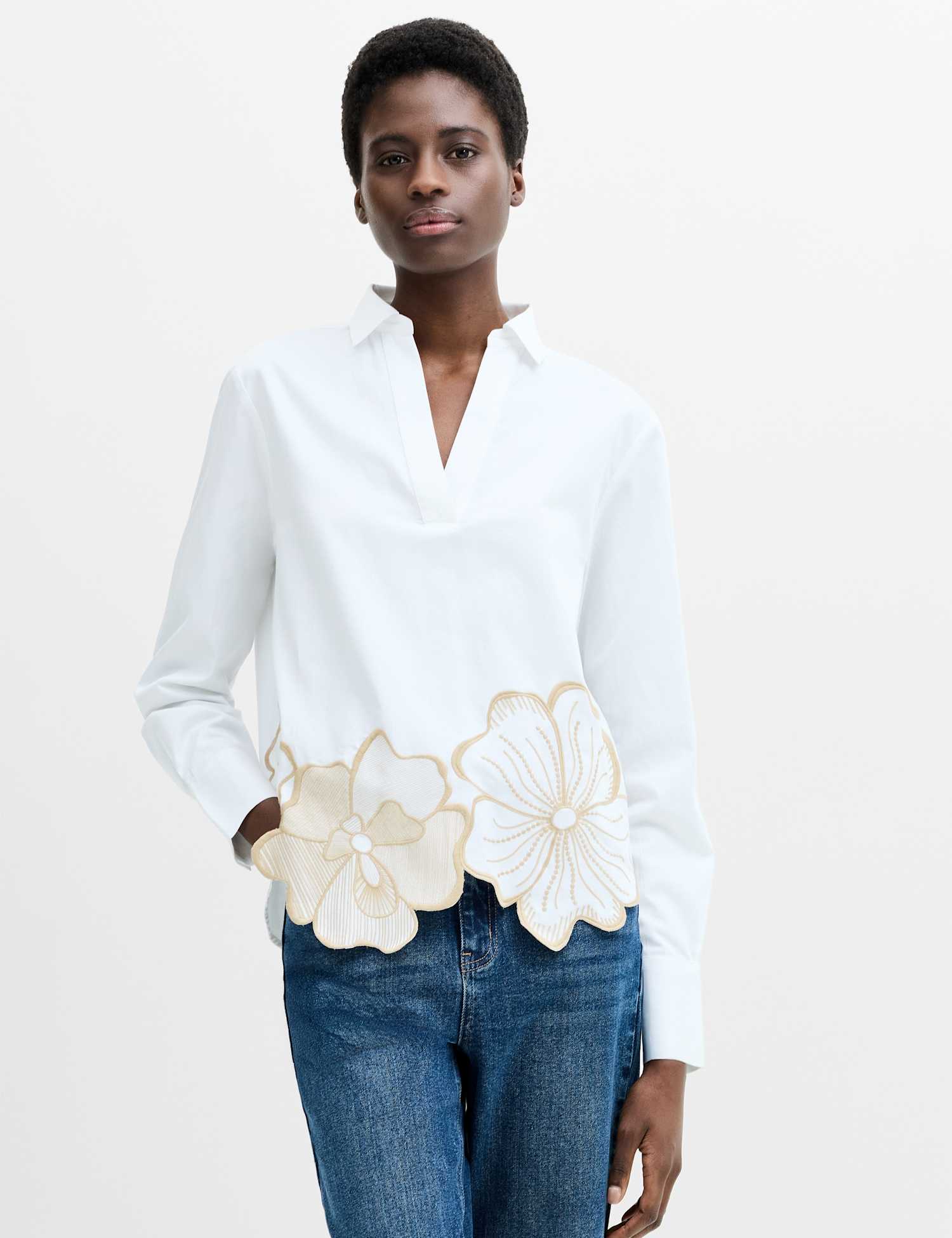 French Connection Pure Cotton Floral Embroidered Shirt White Mix